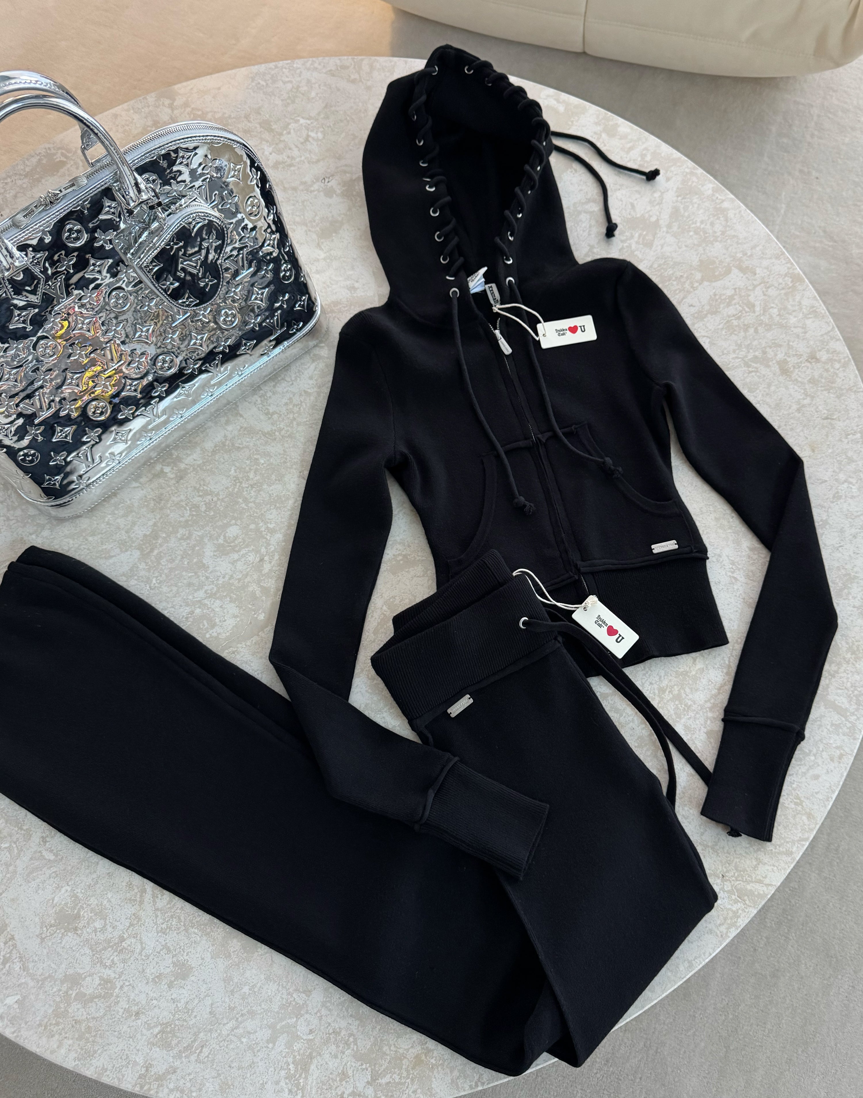 HIDDEN CULT Jet Black Soft Knit Set Knit Pants Sweater Sweatsuit Women's TikTok Tall Friendly