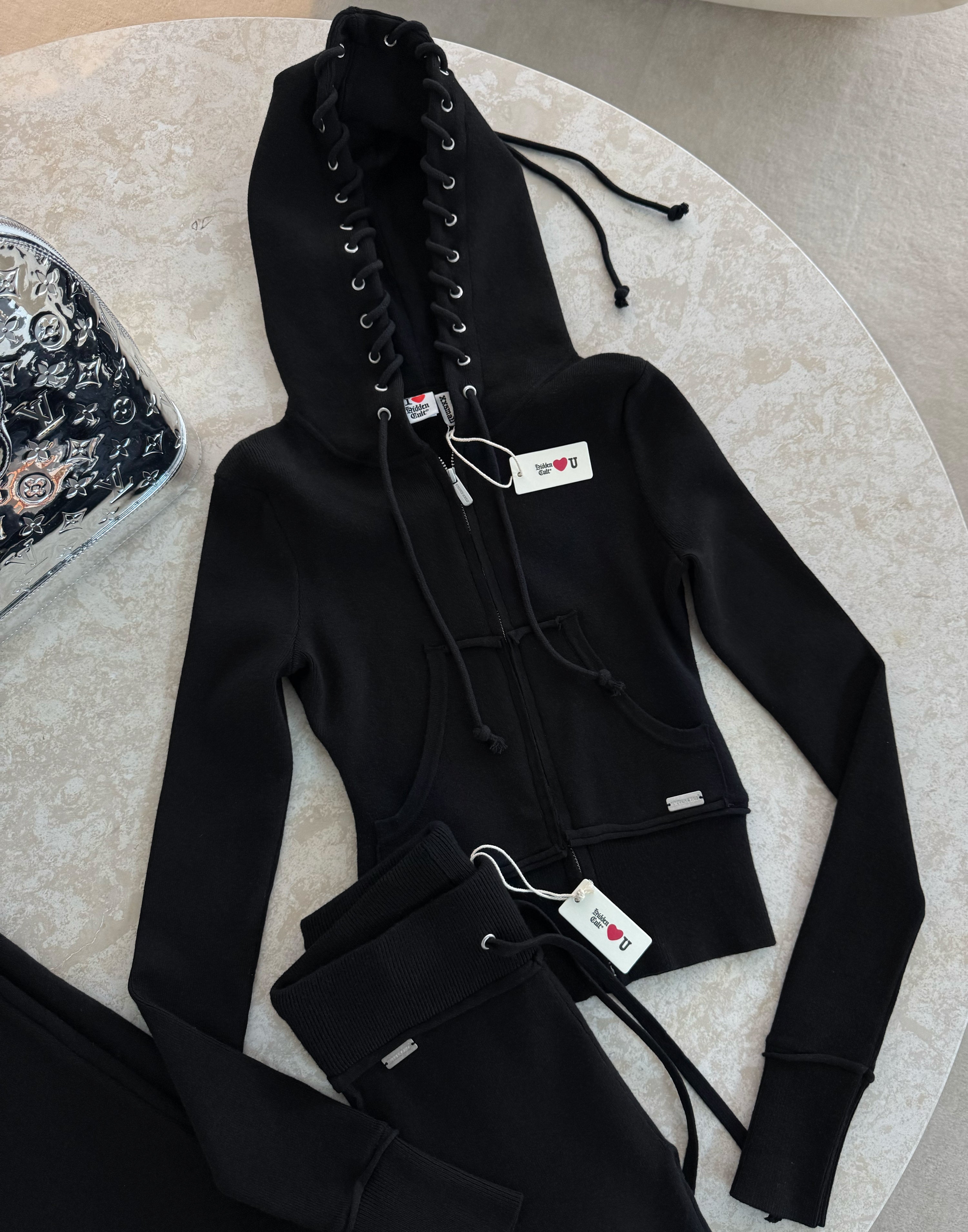 HIDDEN CULT Jet Black Soft Knit Set Knit Pants Sweater Sweatsuit Women's TikTok Tall Friendly