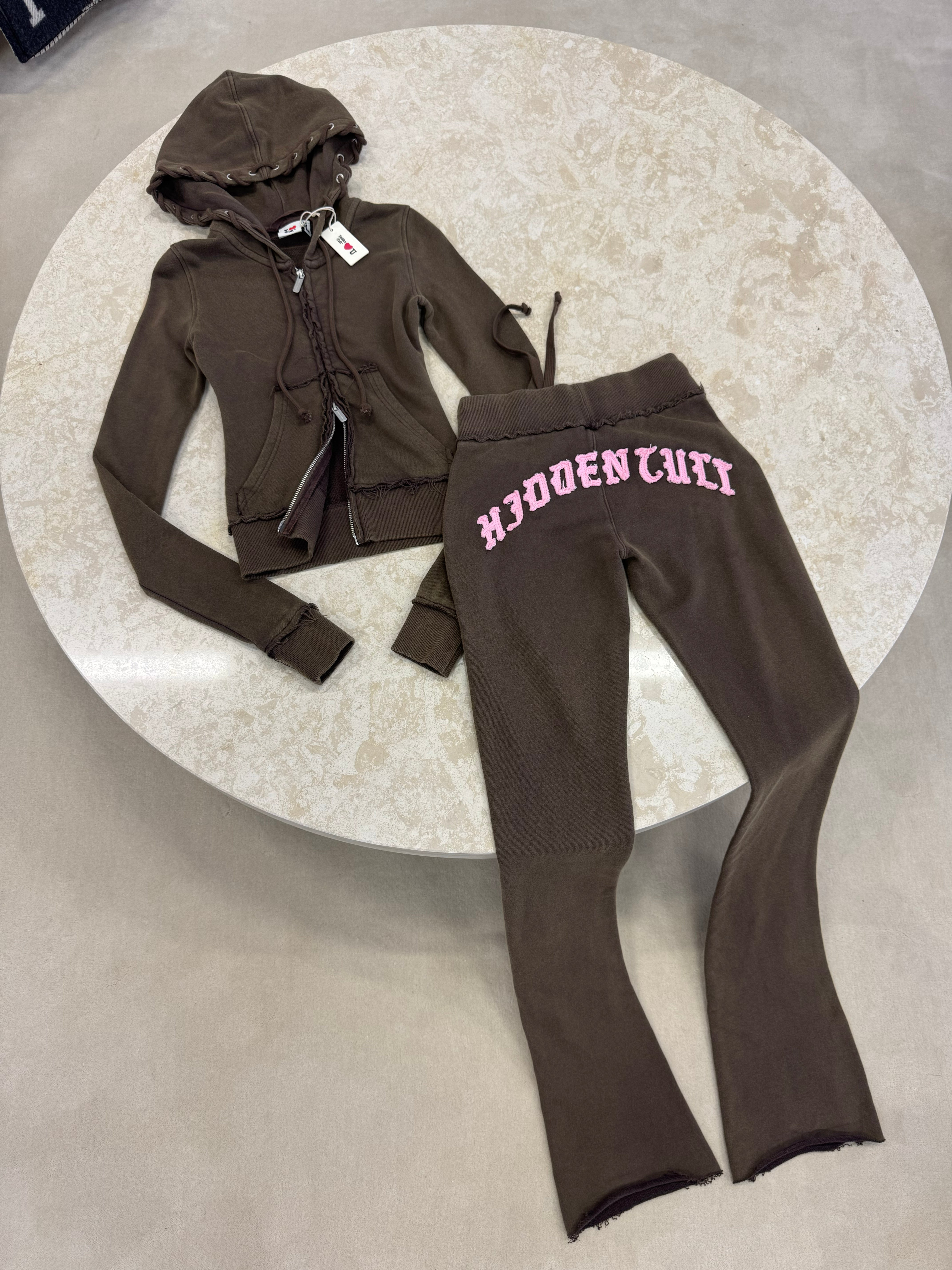 HIDDEN CULT Ubra Vintage Brown Set Tall Friendly Pants Low Rise y2k Pants Zip HoodieSlim Form fitted