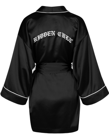 HIDDEN CULT Embroidered Black Dressing Gown Kimono Robe Faux Vegan Silk Robe Shiny Black