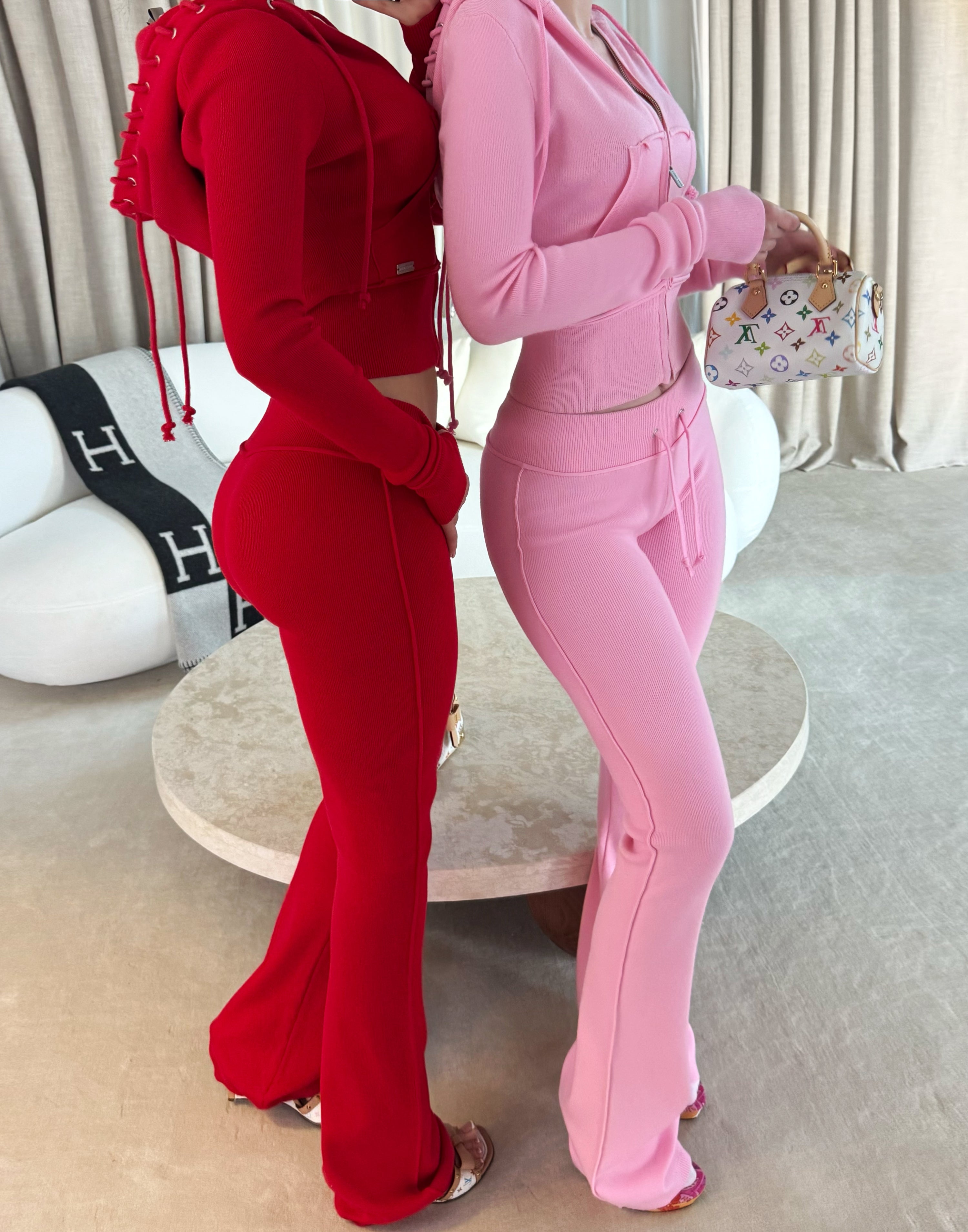 HIDDEN CULT Goji Berry Soft Knit Set Red Pants Sweatsuit Women's Streetwear Fashion TikTok Tall