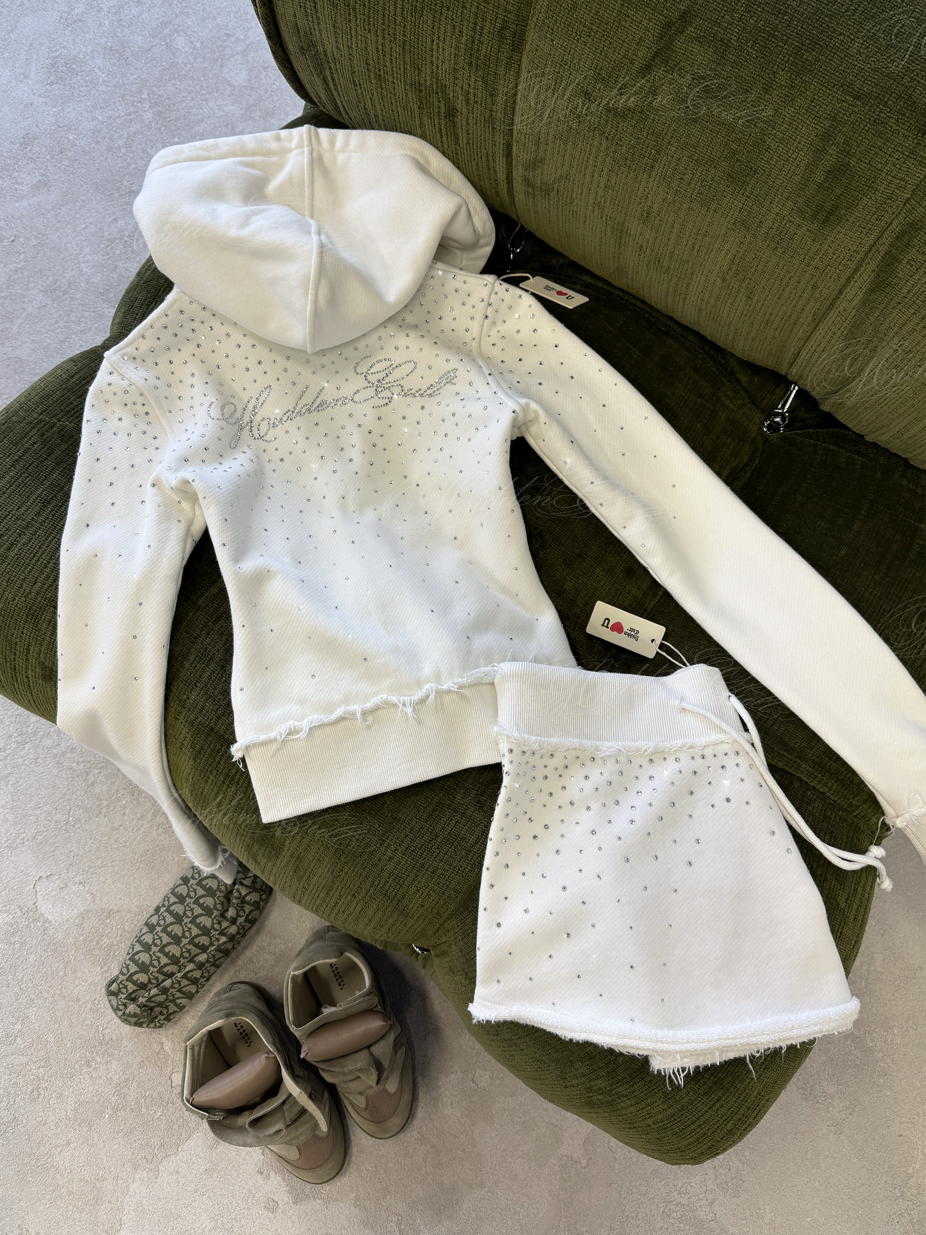 SIGN UP - Rhinestone White Fitted Zip Hoodie