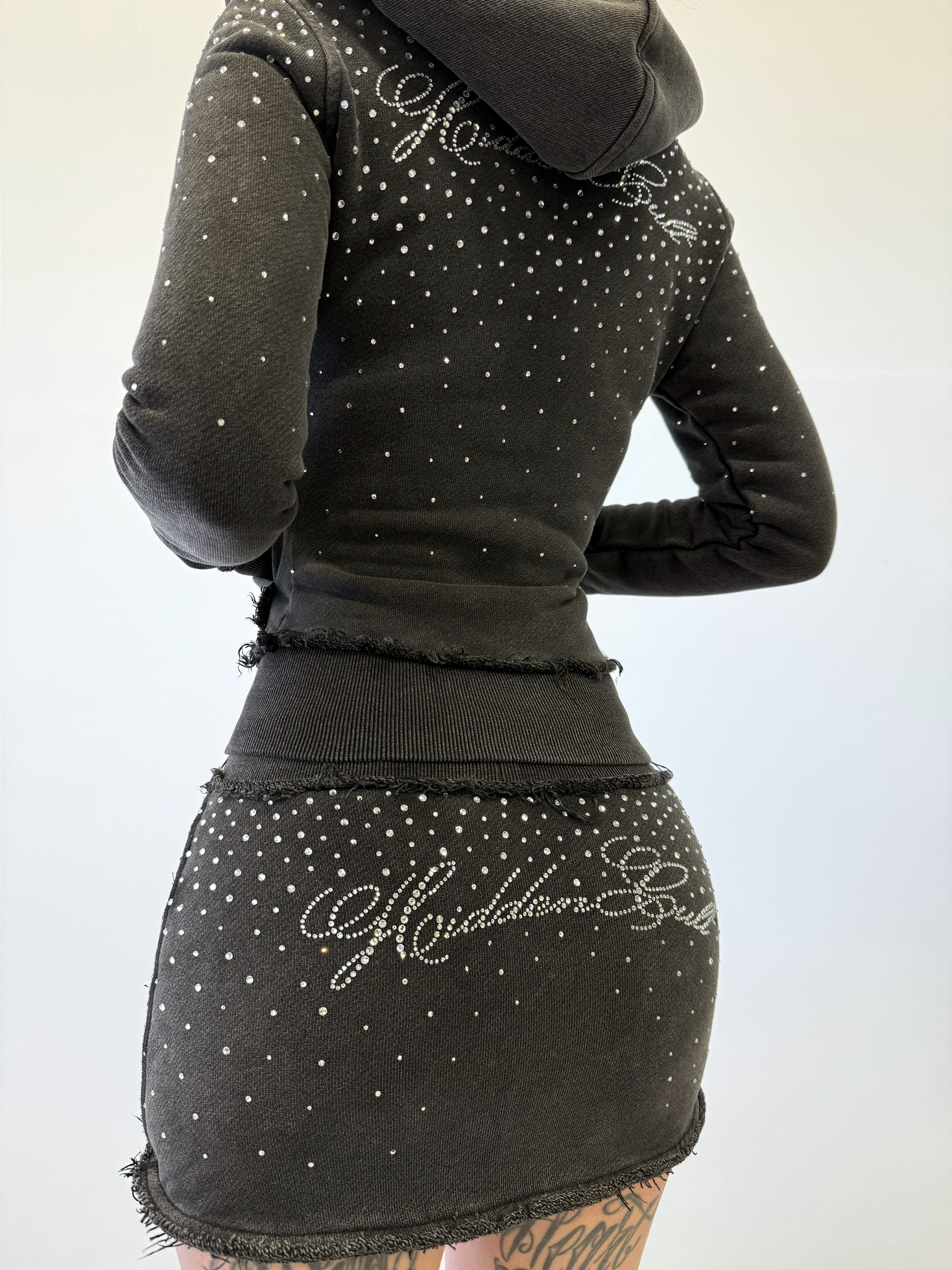 Rhinestone Black Wash Fitted Zip Hoodie
