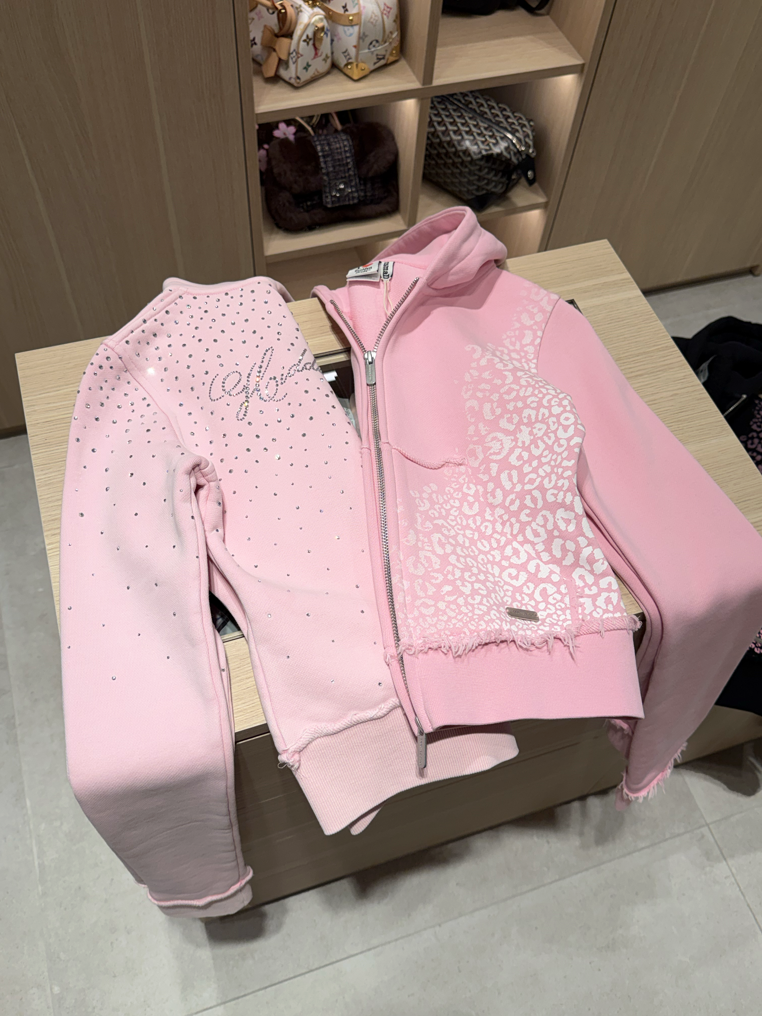 HIDDEN CULT Rhinestone Sweet Pink Zip Hoodie Baby Pink y2k Crystal Distressed Form fitted TikTok