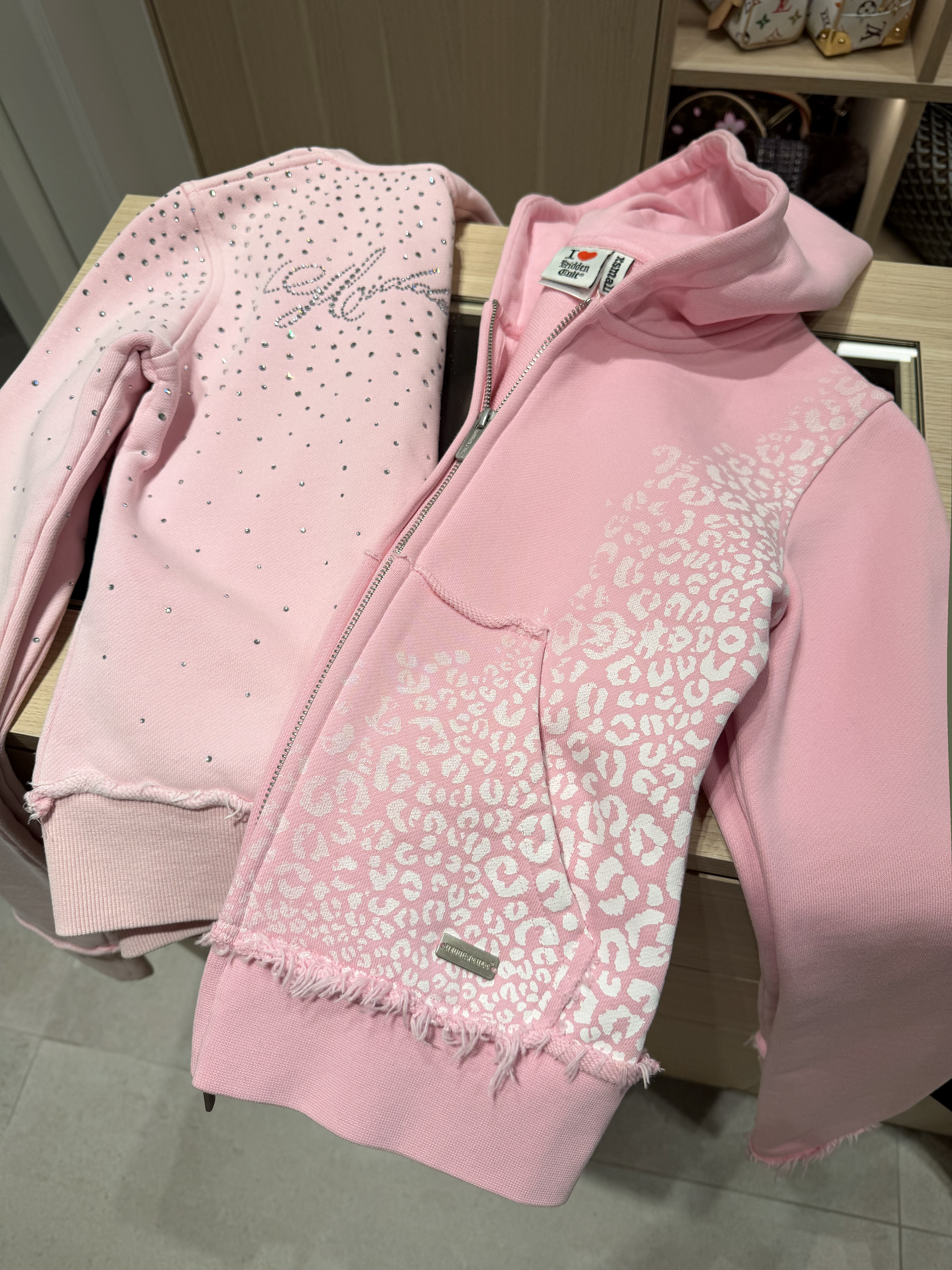 HIDDEN CULT Cheetah Pink Blush Zip Hoodie Worn Distressed Womens Slim fit Form fitted TikTok