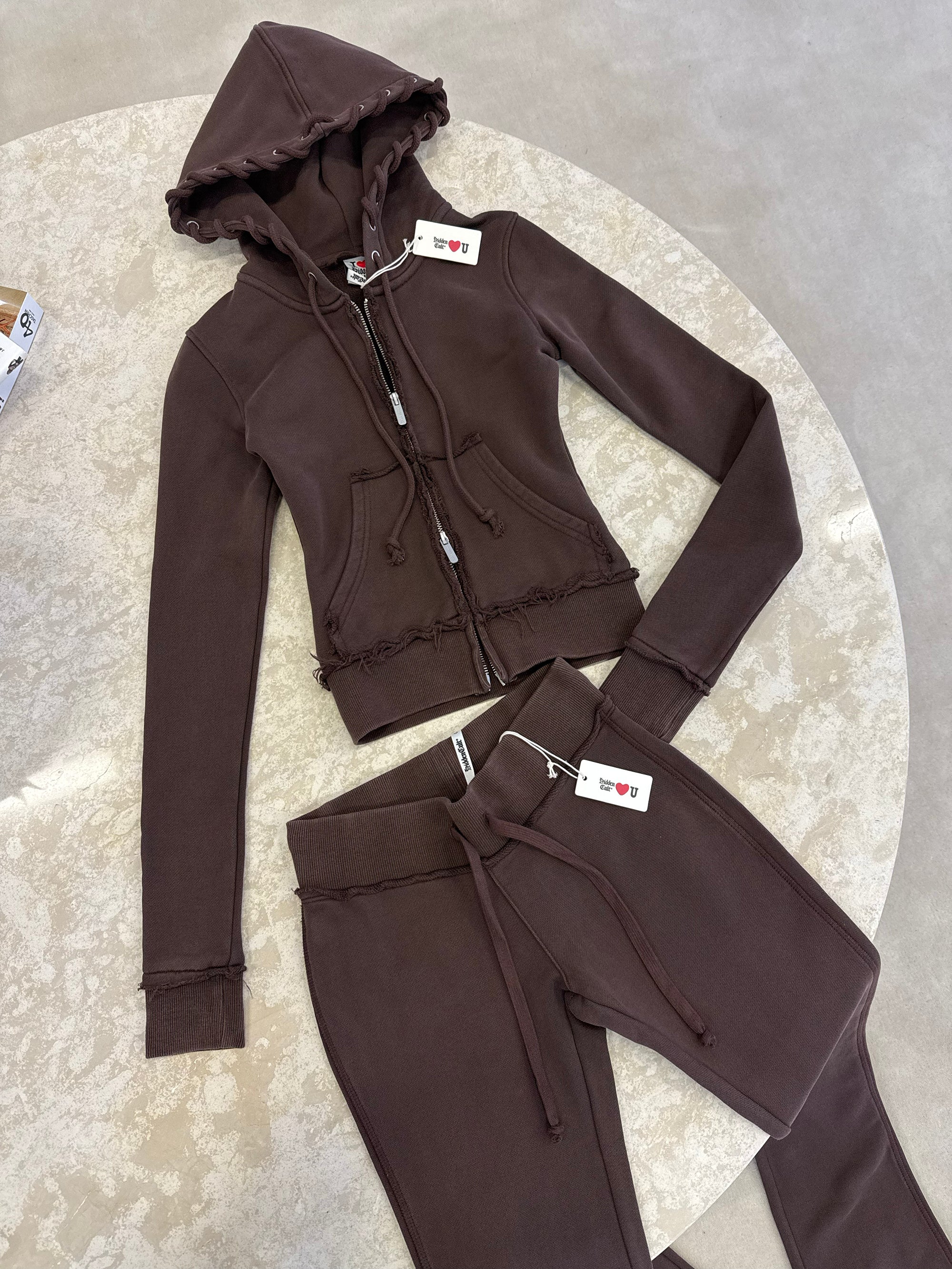 HIDDEN CULT Inca Brown Vintage Wash Zip Hoodie Distressed Womens Slim fit Form fitted Sweater TikTok