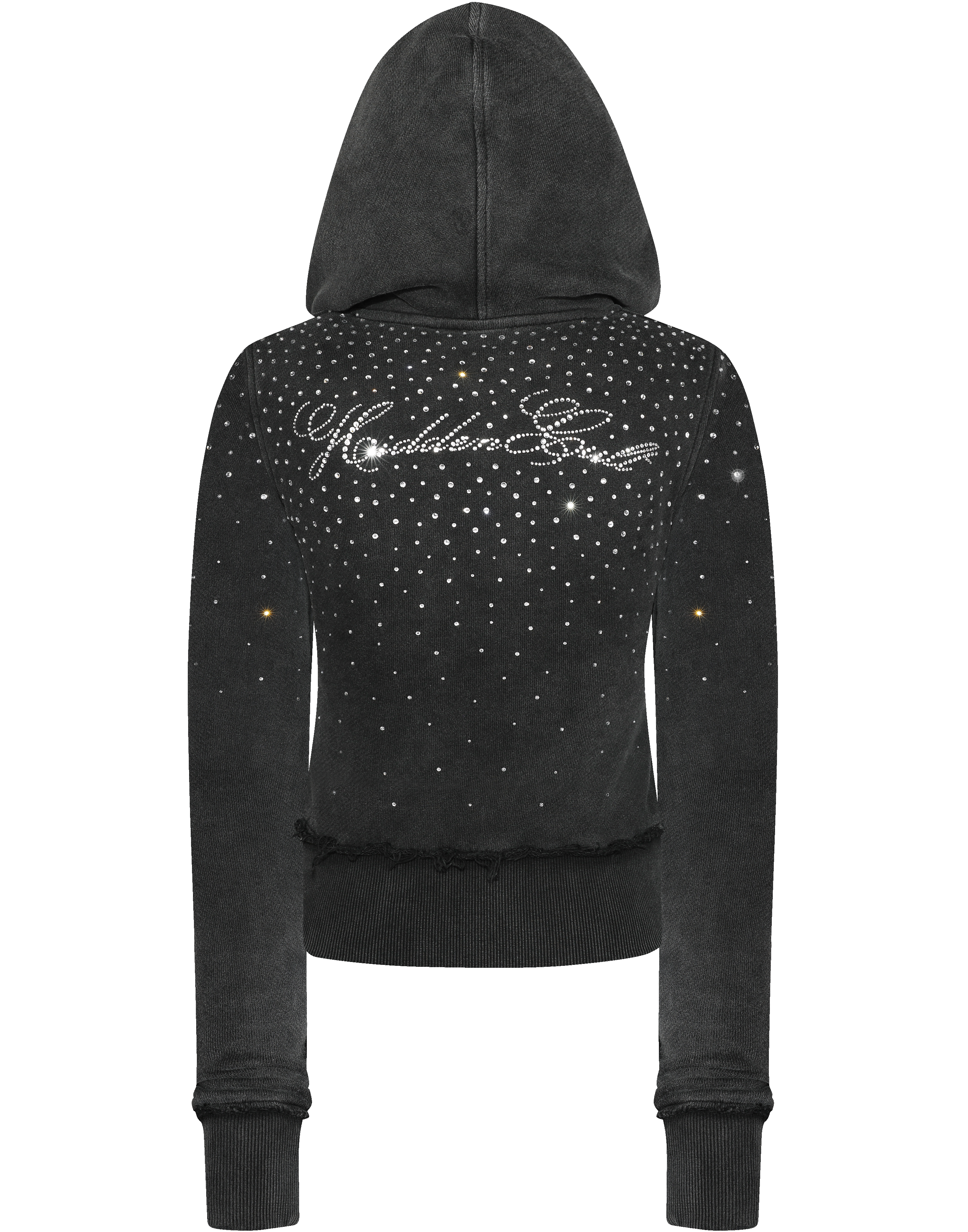 HIDDEN CULT Rhinestone Black Wash Fitted Zip Hoodie Crystal y2k Black Womens Form fitted TikTok