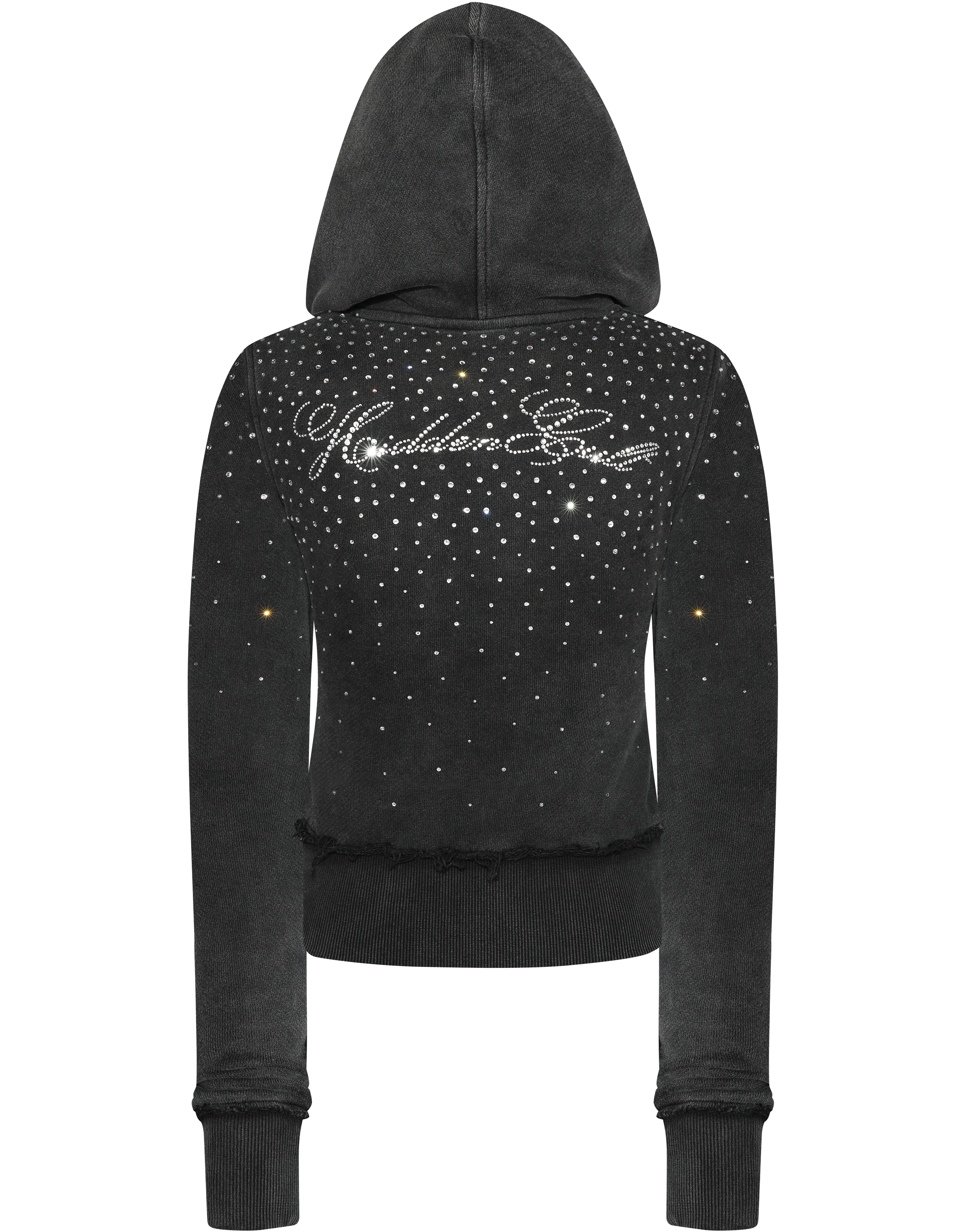 HIDDEN CULT Rhinestone Black Wash Fitted Zip Hoodie Crystal y2k Black Womens Form fitted TikTok