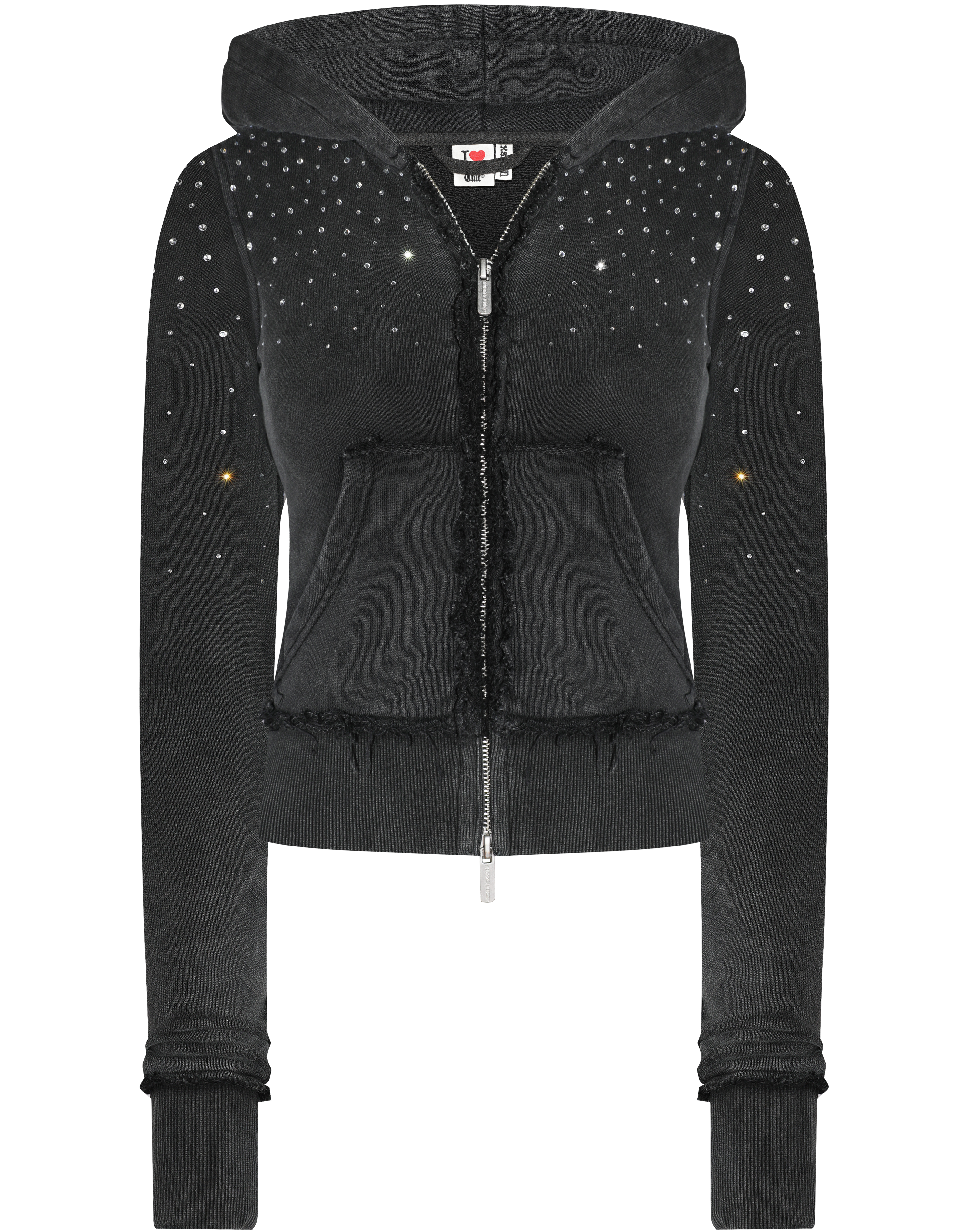 HIDDEN CULT Rhinestone Black Wash Fitted Zip Hoodie Crystal y2k Black Womens Form fitted TikTok