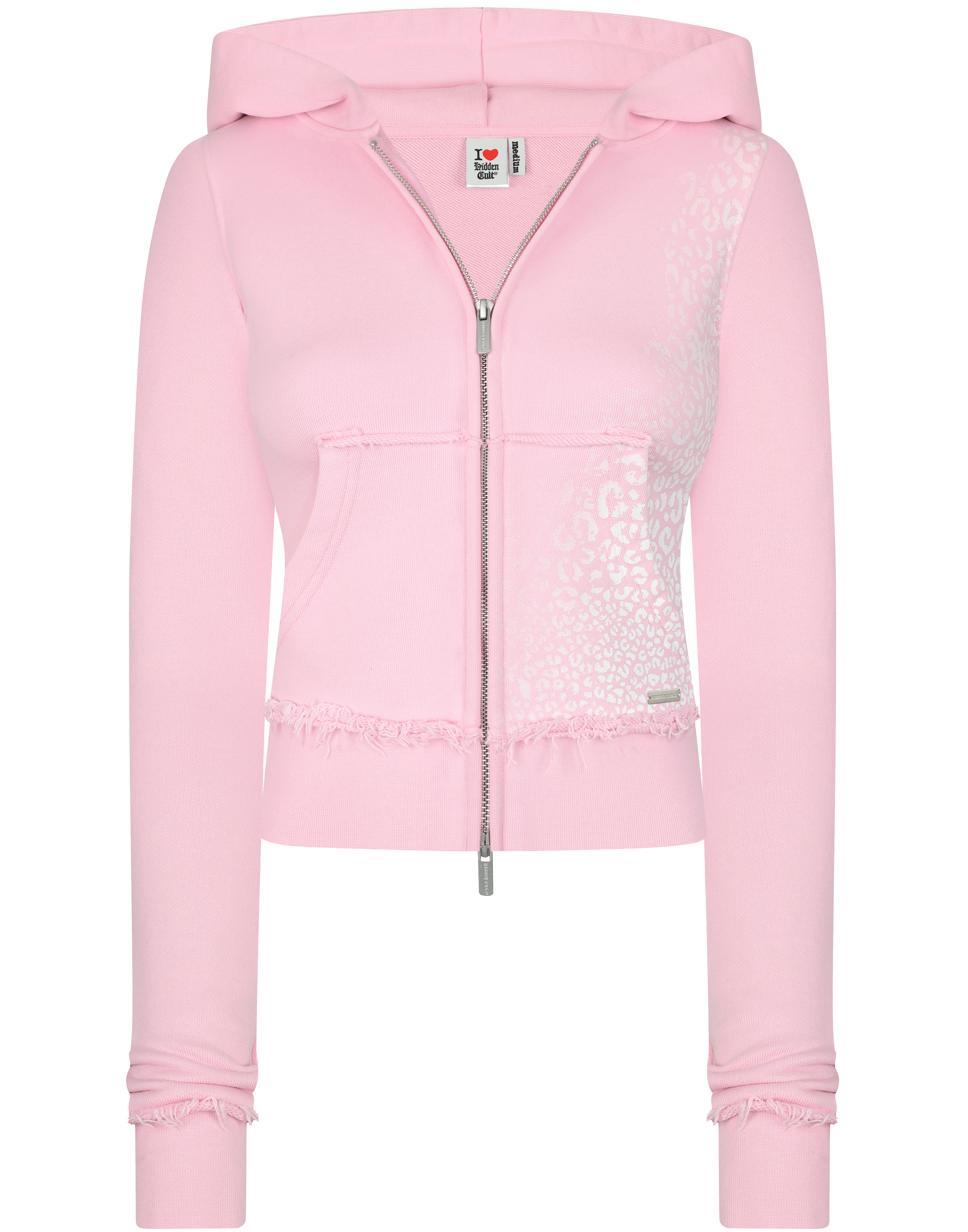 HIDDEN CULT Cheetah Pink Blush Zip Hoodie Worn Distressed Womens Slim fit Form fitted TikTok