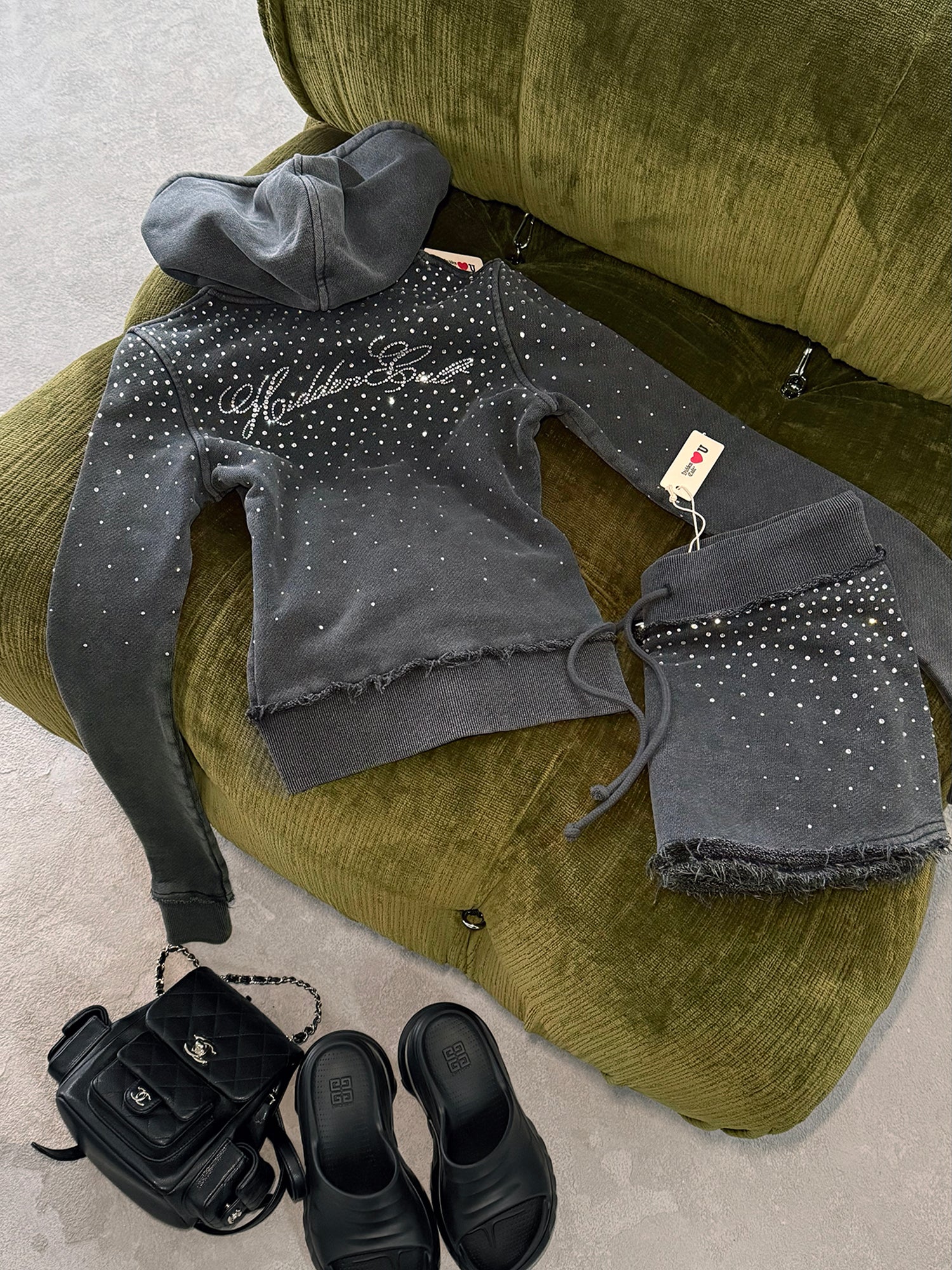 Rhinestone Black Wash Fitted Zip Hoodie