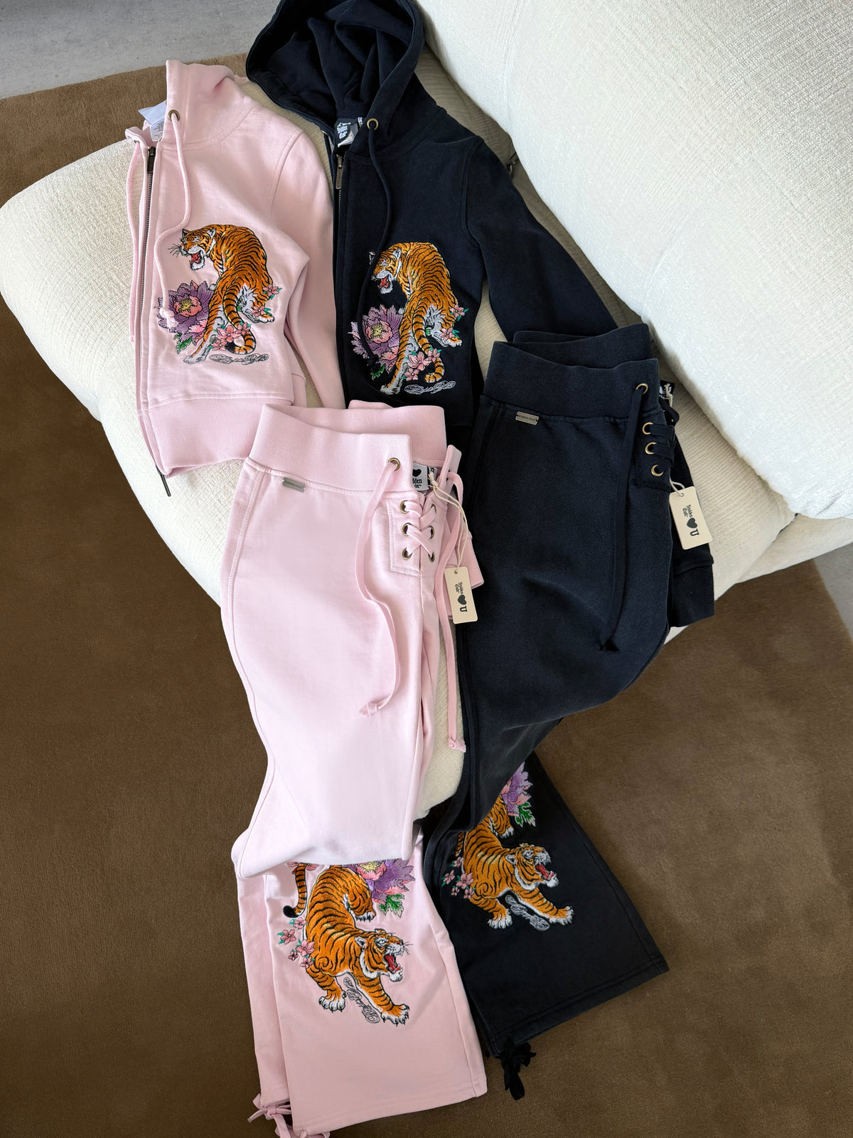 Soft Pink Tiger Embroidered Zip Hoodie