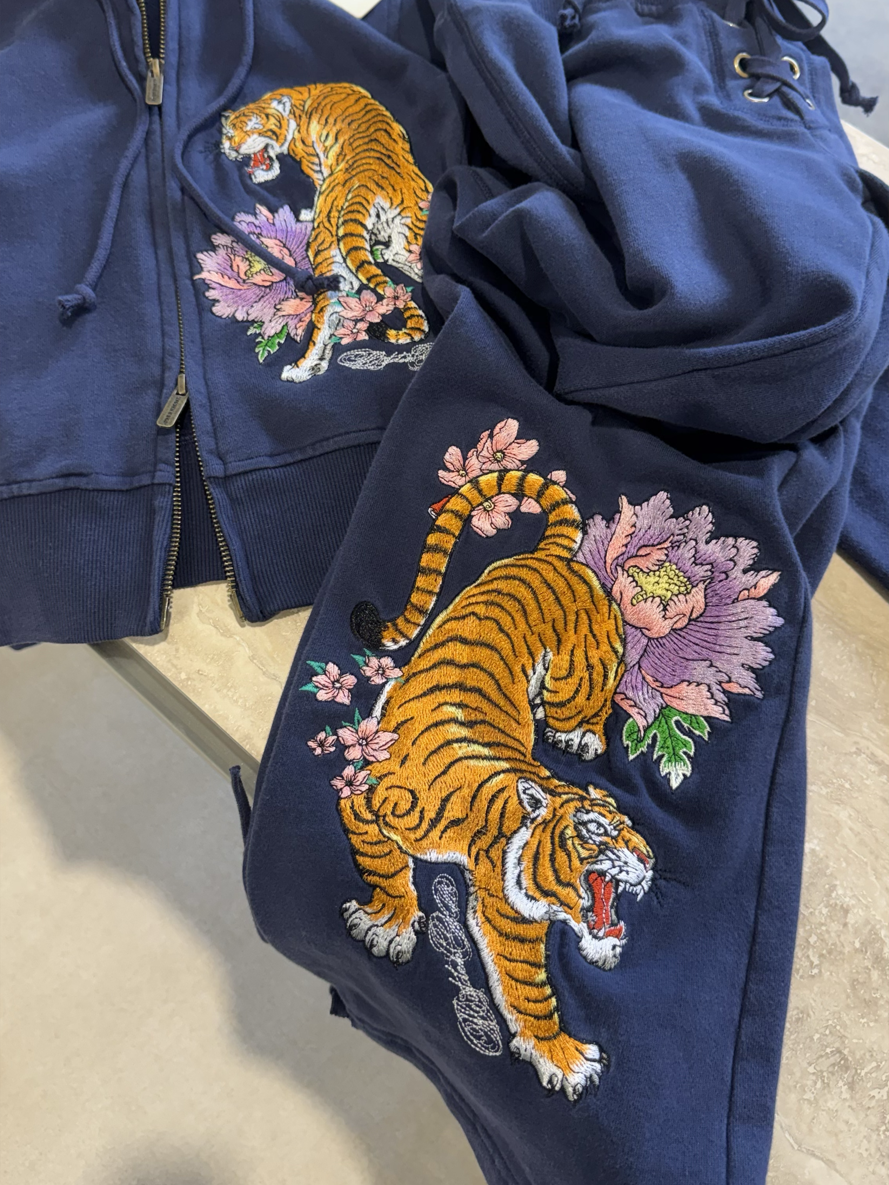 DROP JUNE 12TH - Navy Tiger Embroidered Zip Hoodie