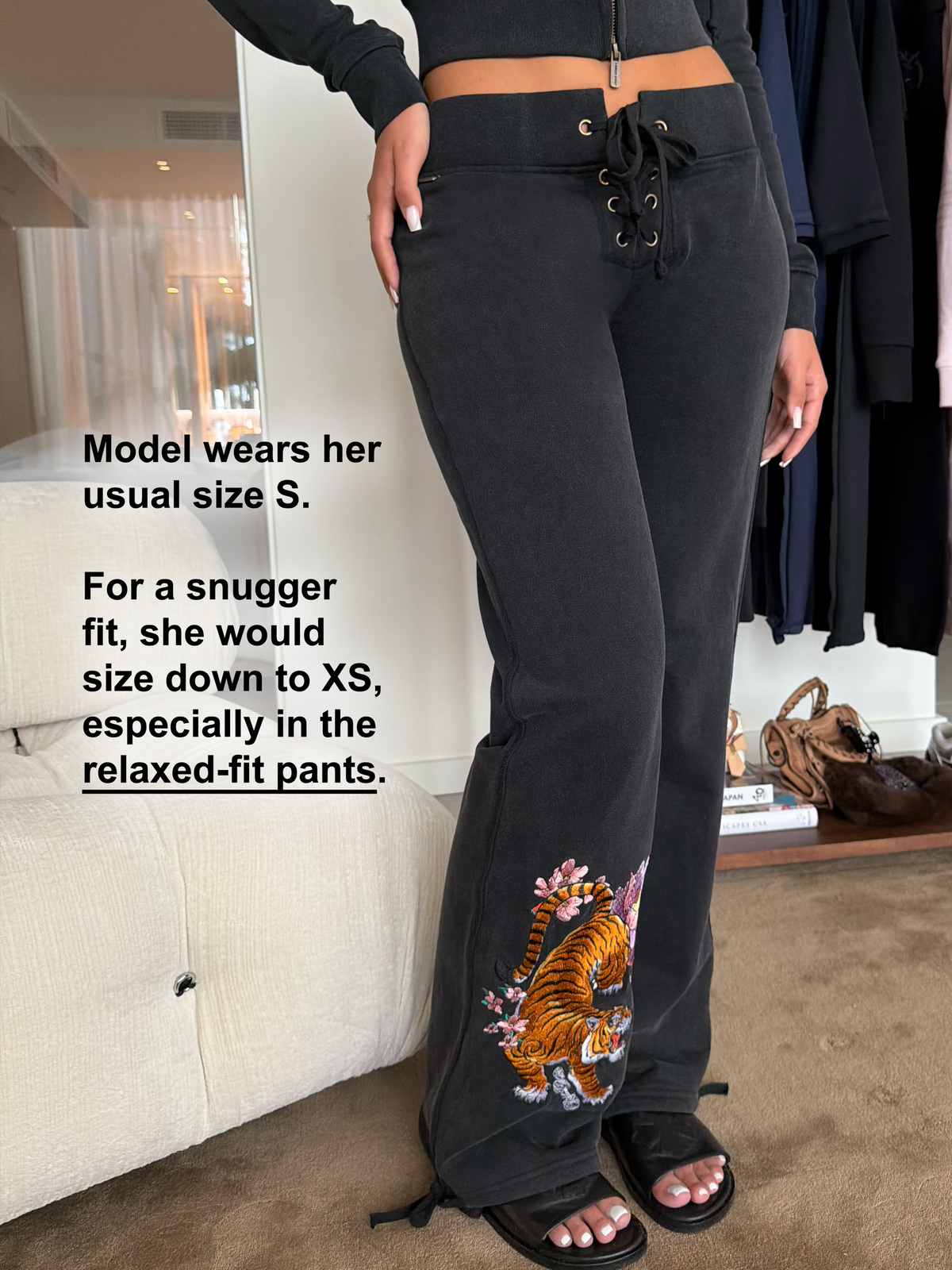 Washed Black Tiger Embroidered Lace Front Pants