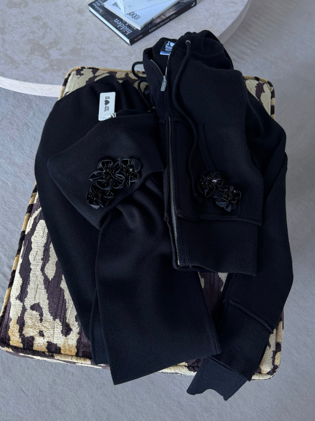 Fleur Jet Black Soft Knit Zip Hoodie