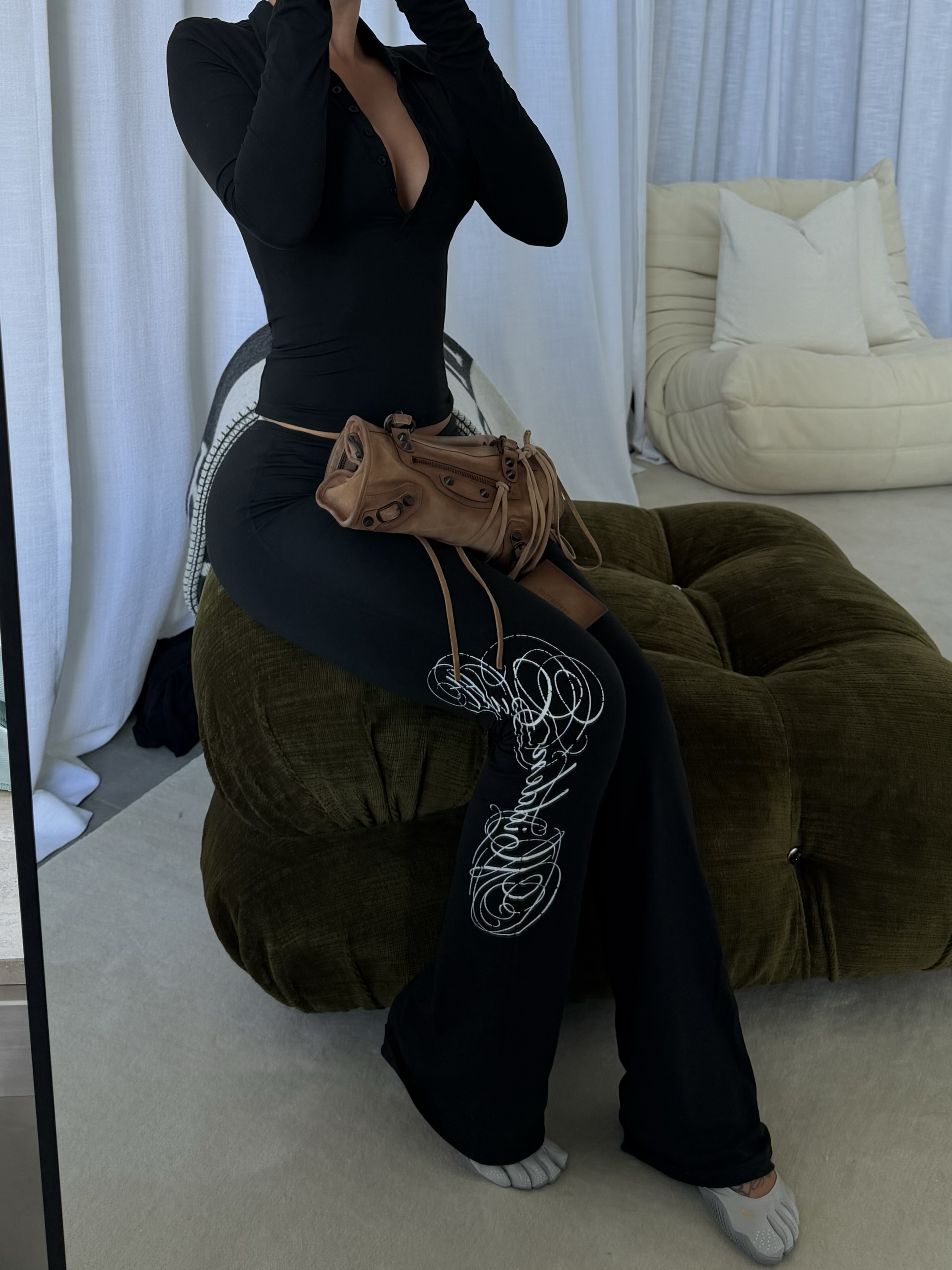 HIDDEN CULT Smooth Signature Polo Longsleeve Black Stretch Black Top Bodycon Workout Wear Set TikTok