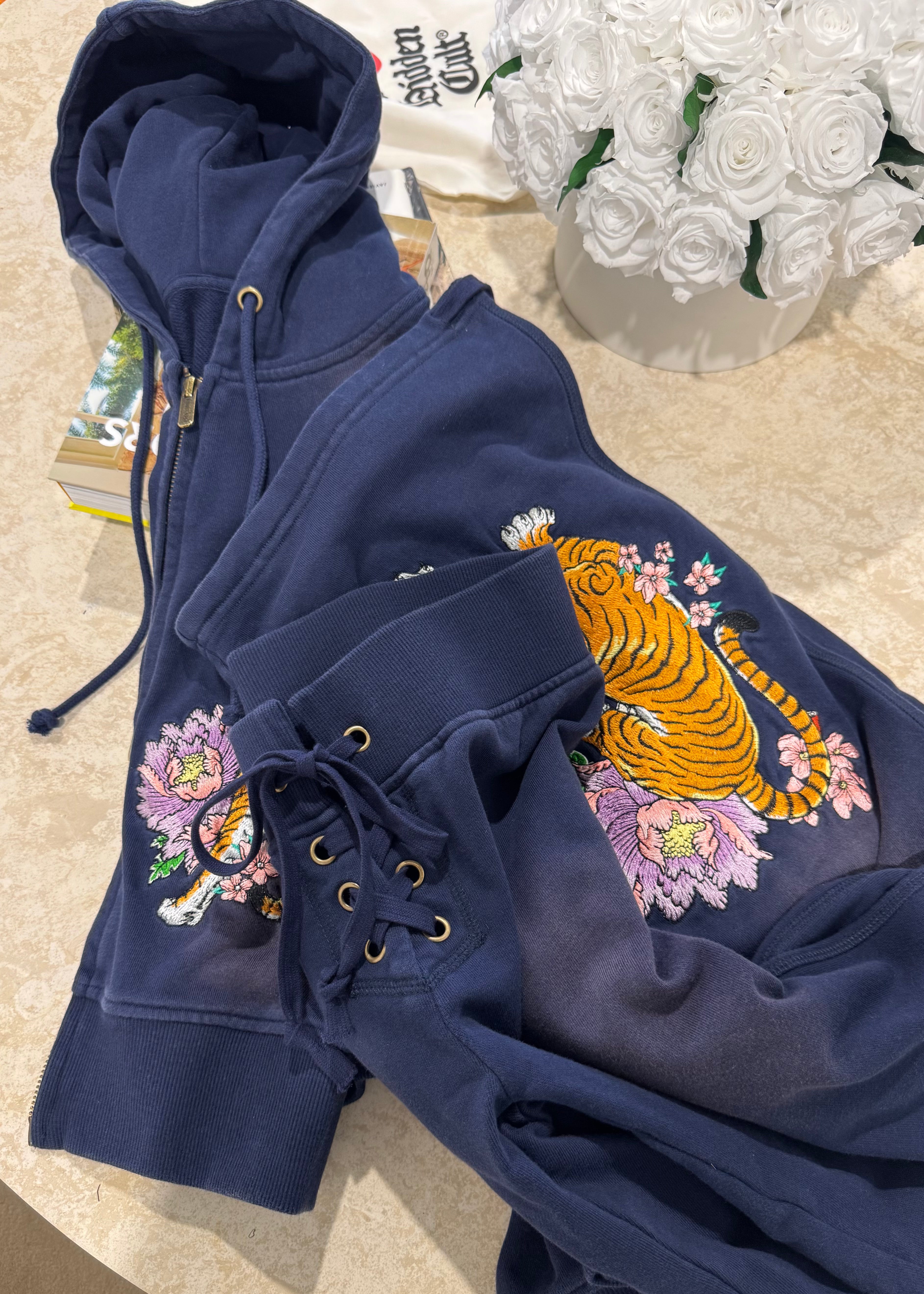 SIGN UP - Navy Tiger Embroidered Zip Hoodie