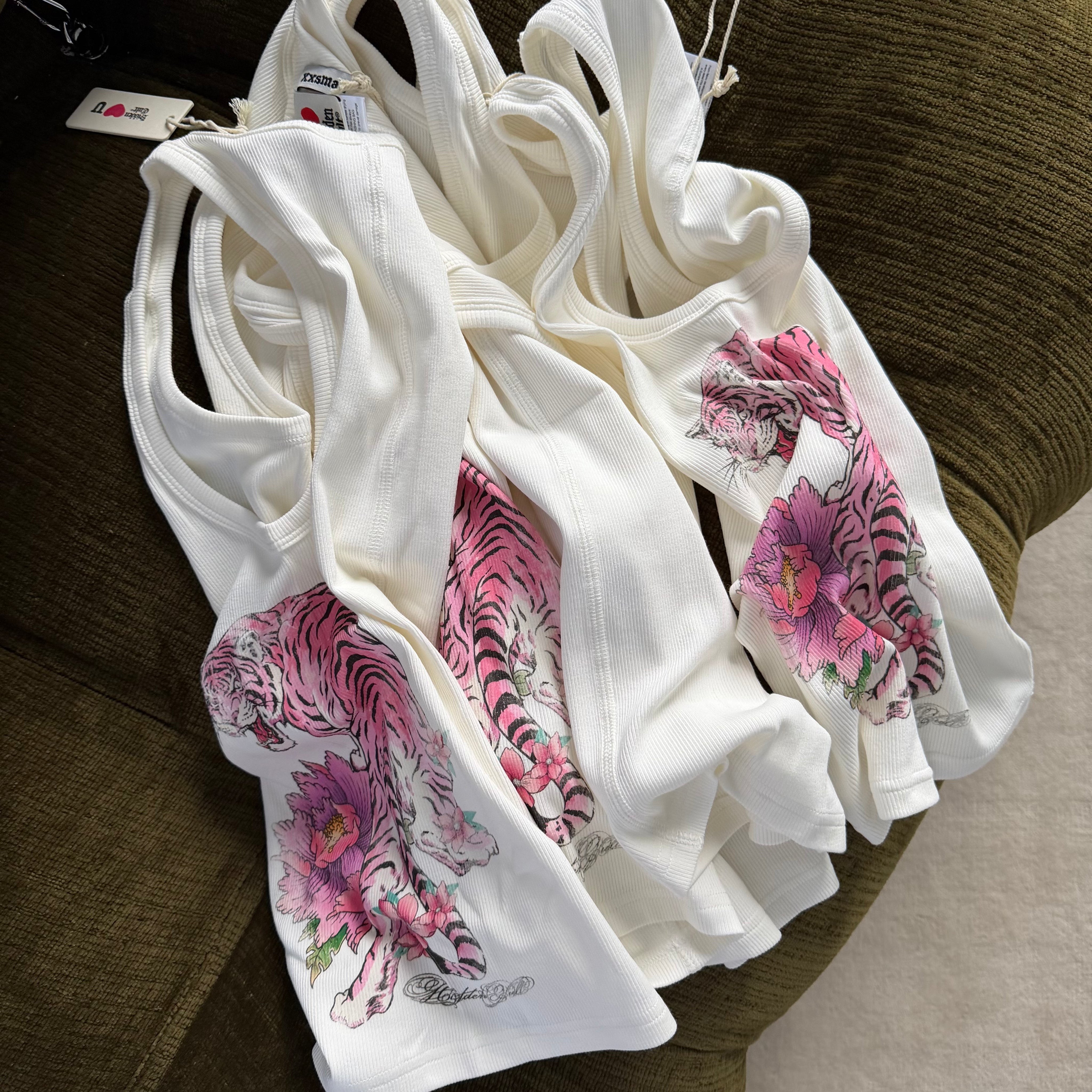 HIDDEN CULT Pink Tiger White Tank Top Ribbed Women's Distressed Print Stretch Bodycon y2k TikTok