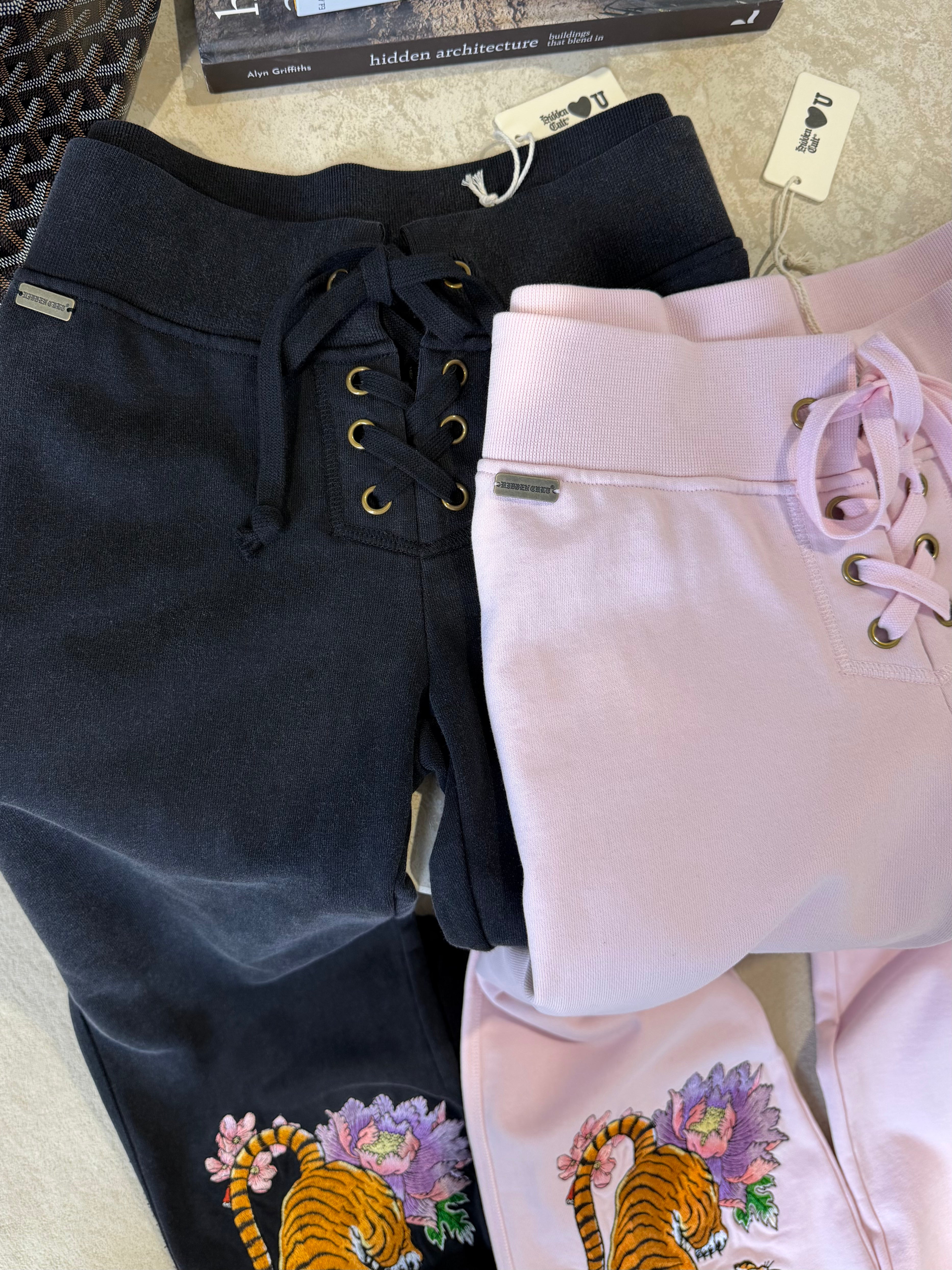 Washed Black Tiger Embroidered Lace Front Pants
