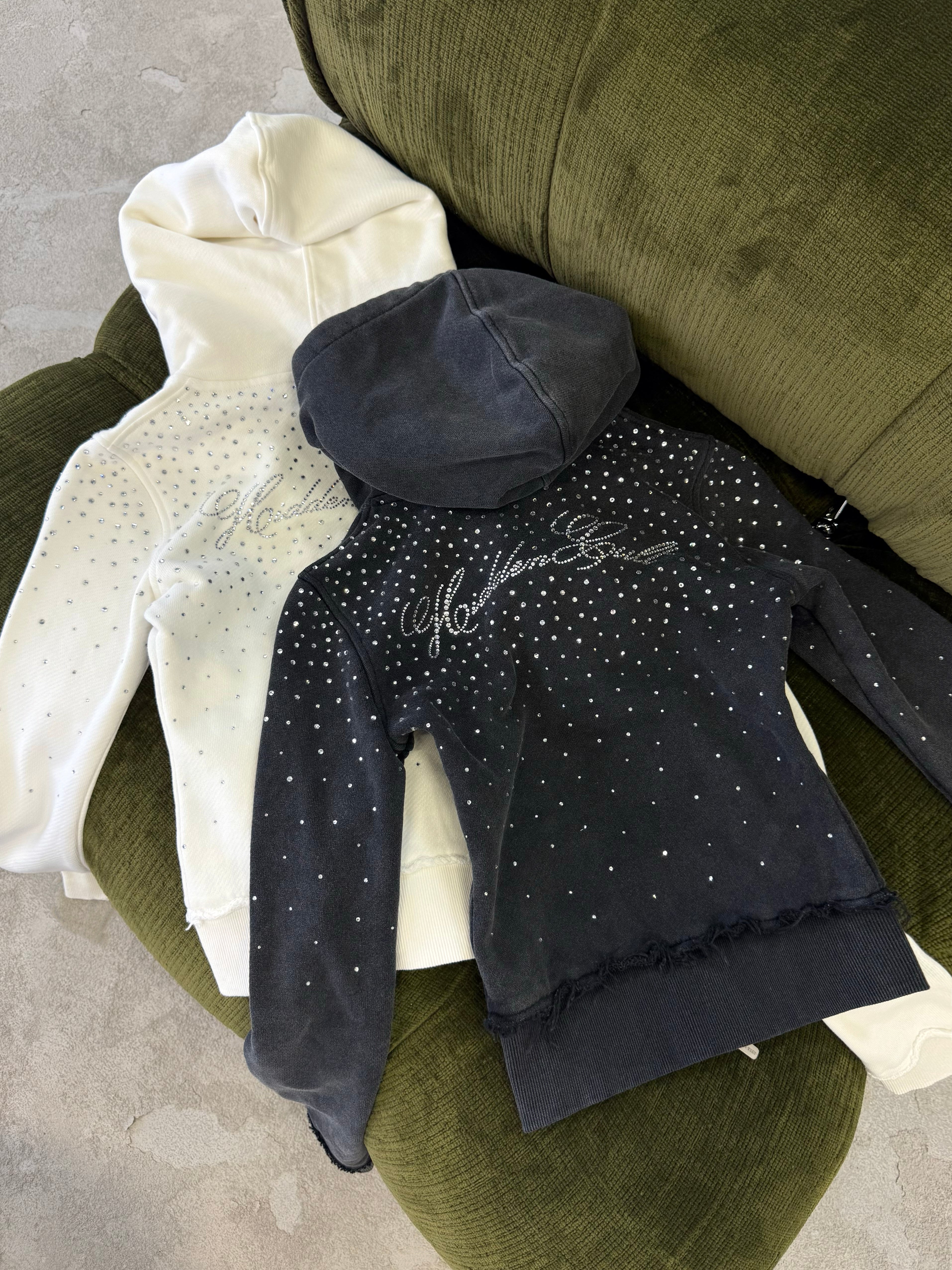 HIDDEN CULT Rhinestone Black Wash Fitted Zip Hoodie Crystal y2k Black Womens Form fitted TikTok