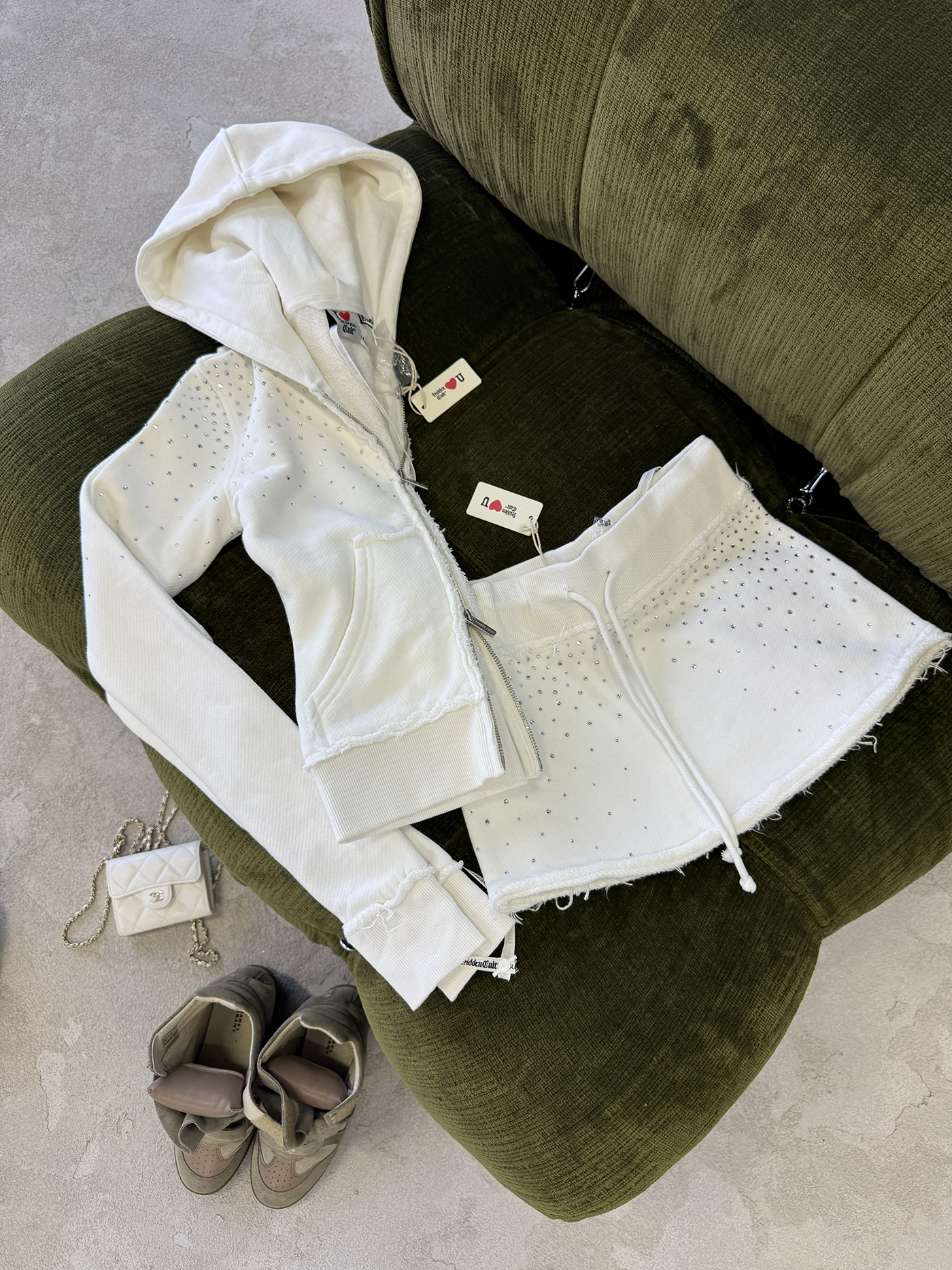 SIGN UP - Rhinestone White Fitted Zip Hoodie