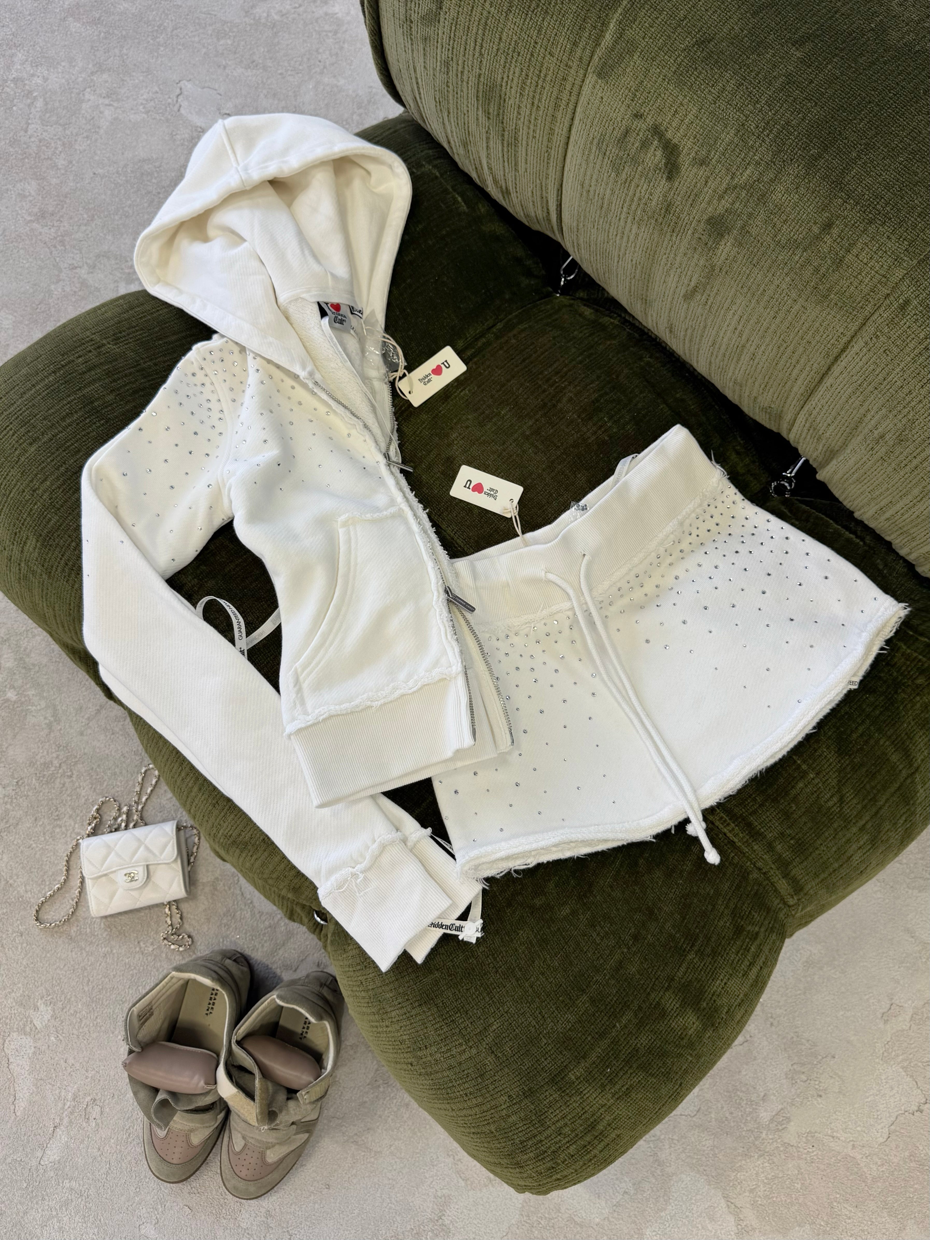 HIDDEN CULT Rhinestone White Fitted Zip Hoodie Crystal Glitter y2k Distressed Womens Slim TikTok