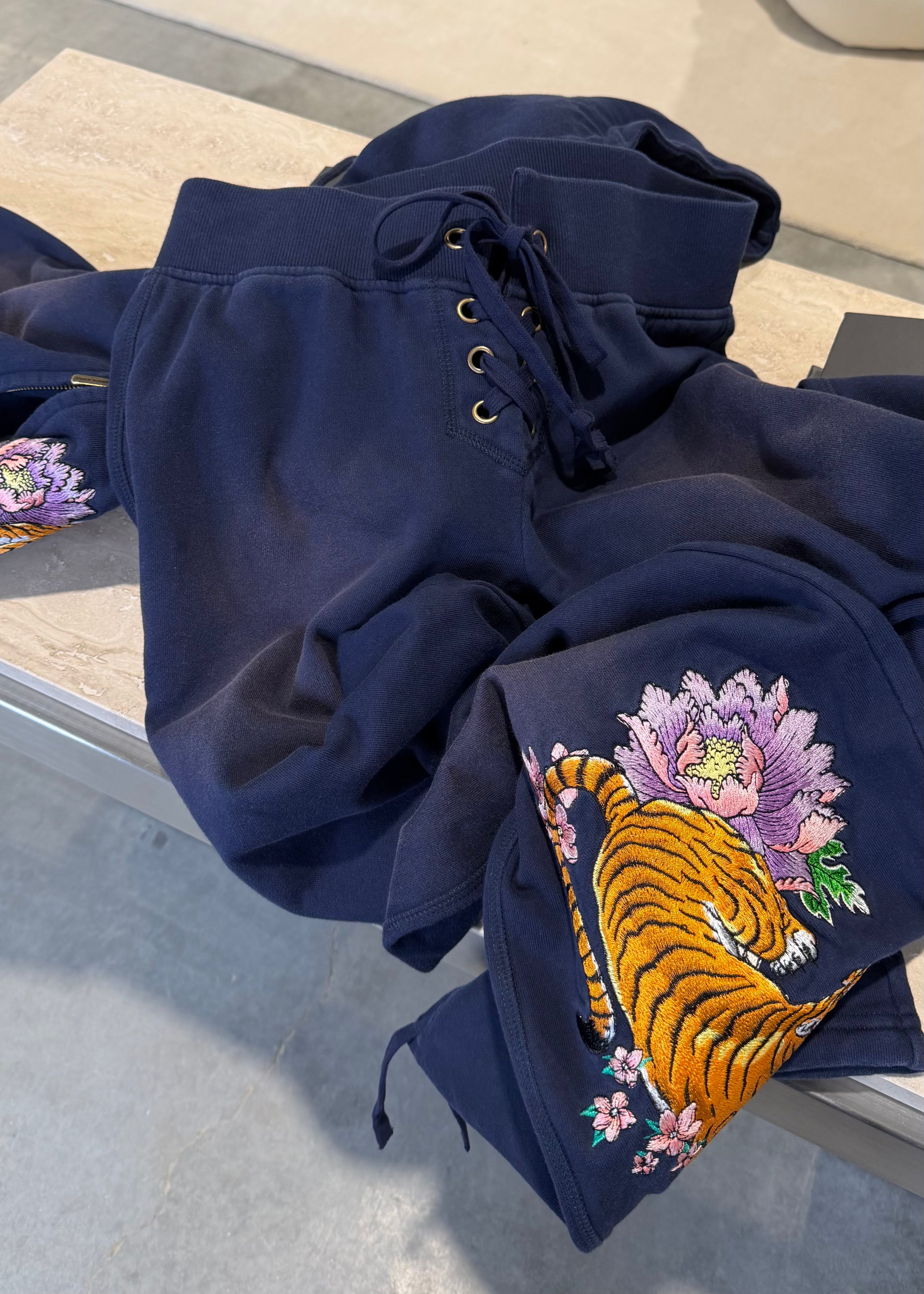 SIGN UP - Navy Tiger Embroidered Lace Front Pants