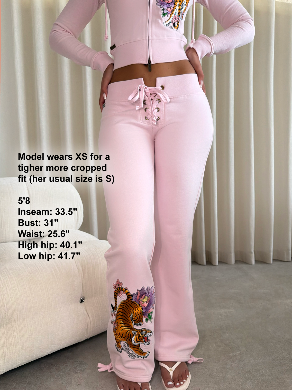 Soft Pink Tiger Embroidered Lace Front Pants