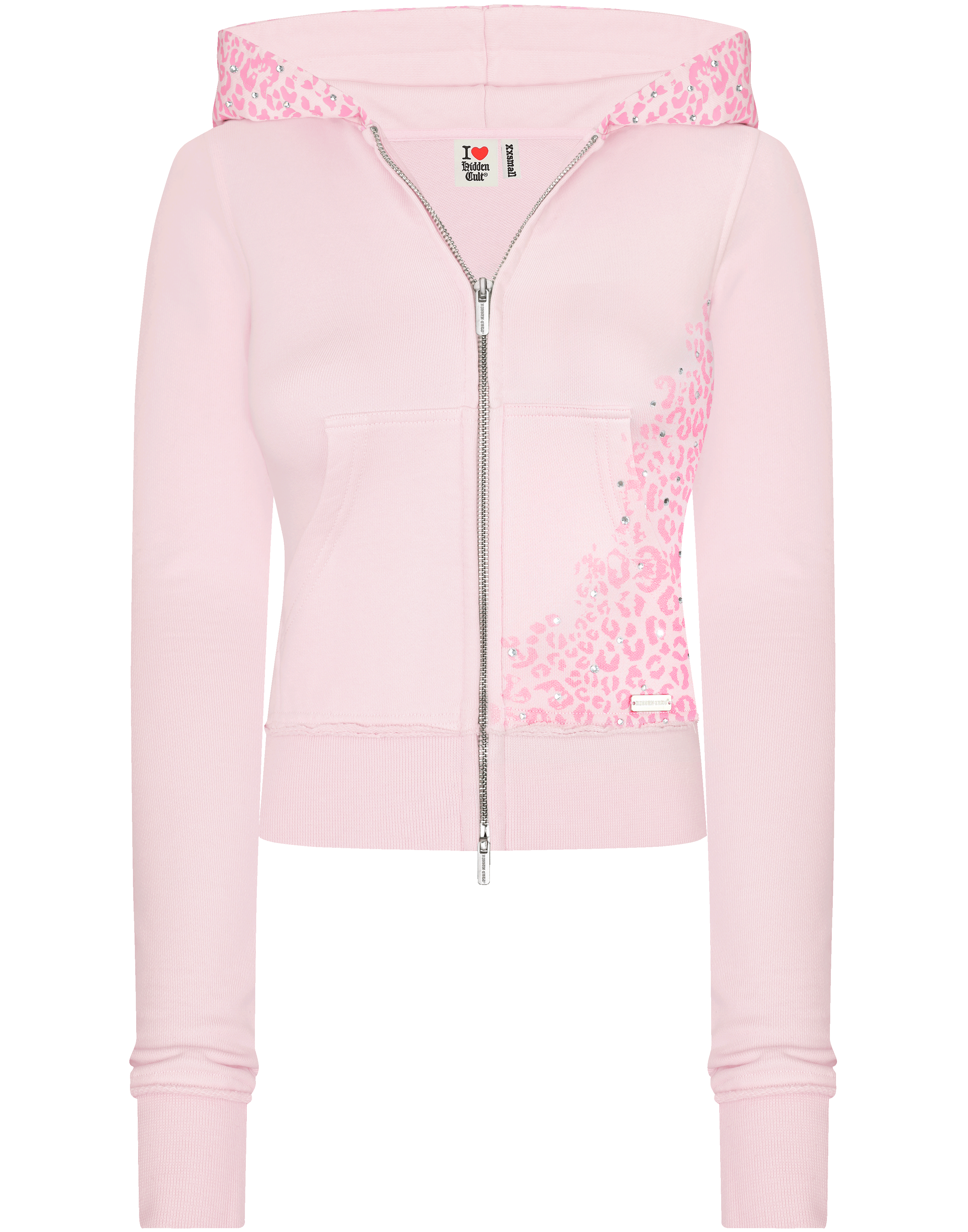 HIDDEN CULT Fine Cotton Cheetah Pink Crystal Zip Hoodie Distressed Rhinestone Slim fit TikTok