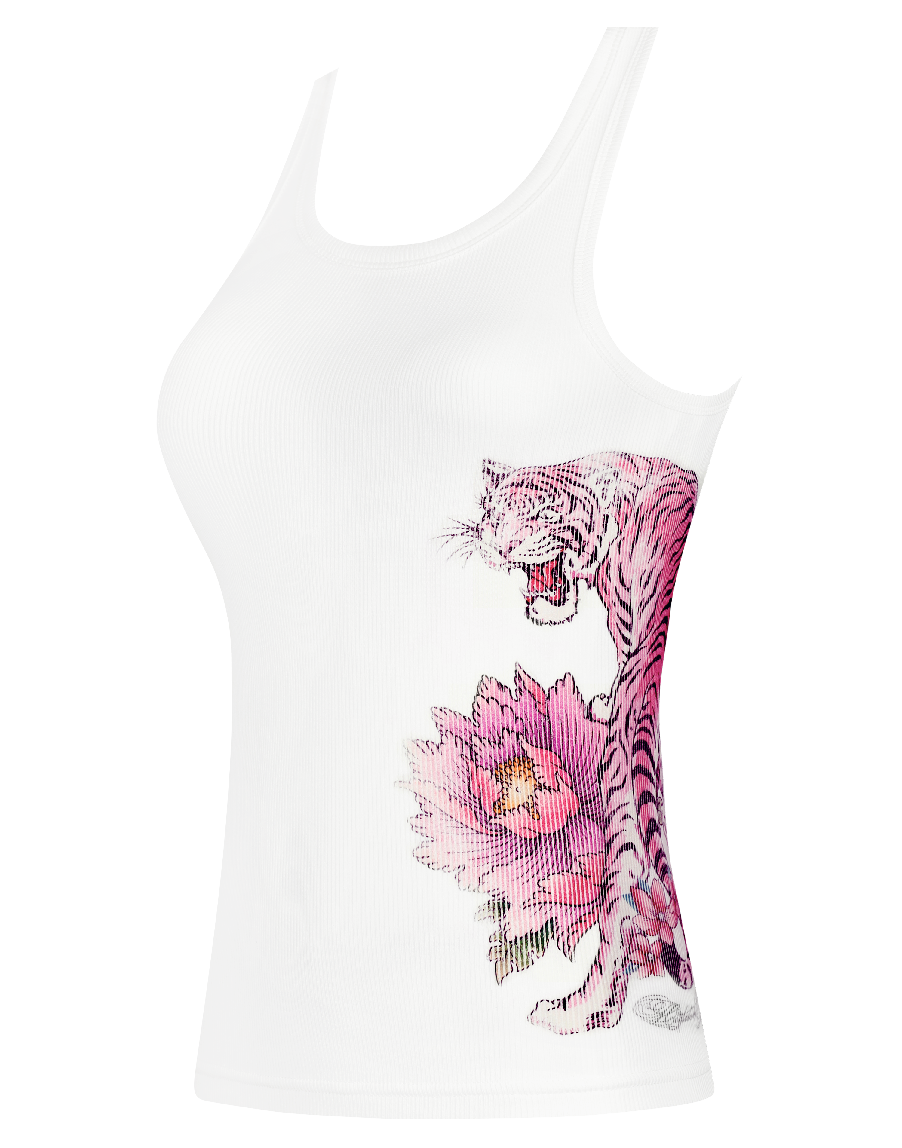 HIDDEN CULT Pink Tiger White Tank Top Ribbed Women's Distressed Print Stretch Bodycon y2k TikTok