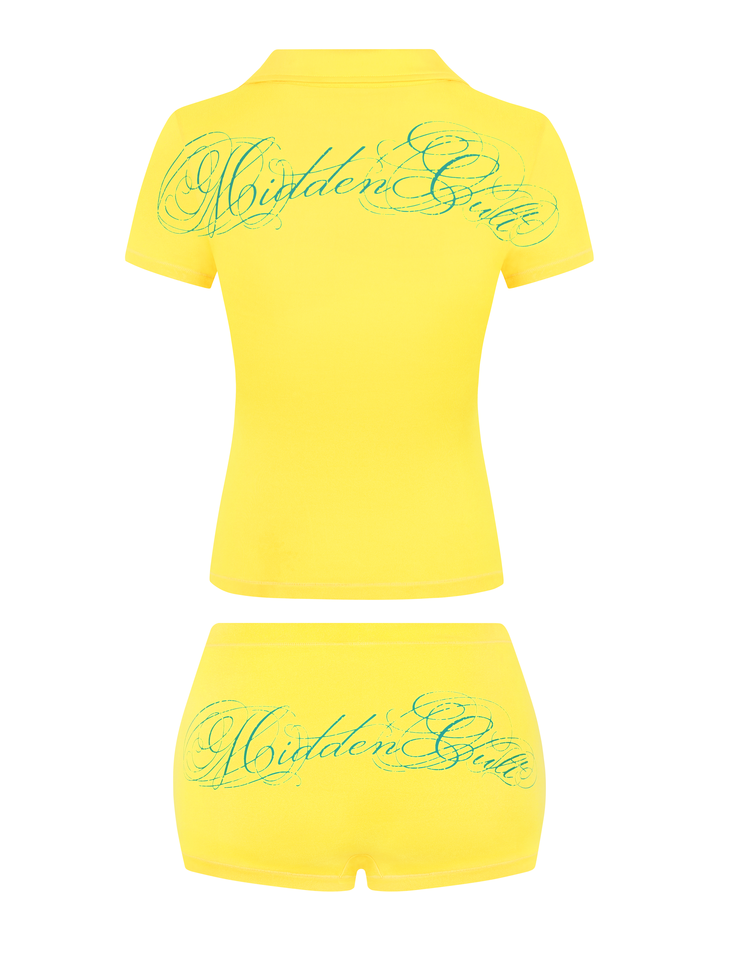 HIDDEN CULT Sunburst Polo Set Tee T-shirt Booty shorts Boyshorts Gym Beach TikTok Yellow Summer