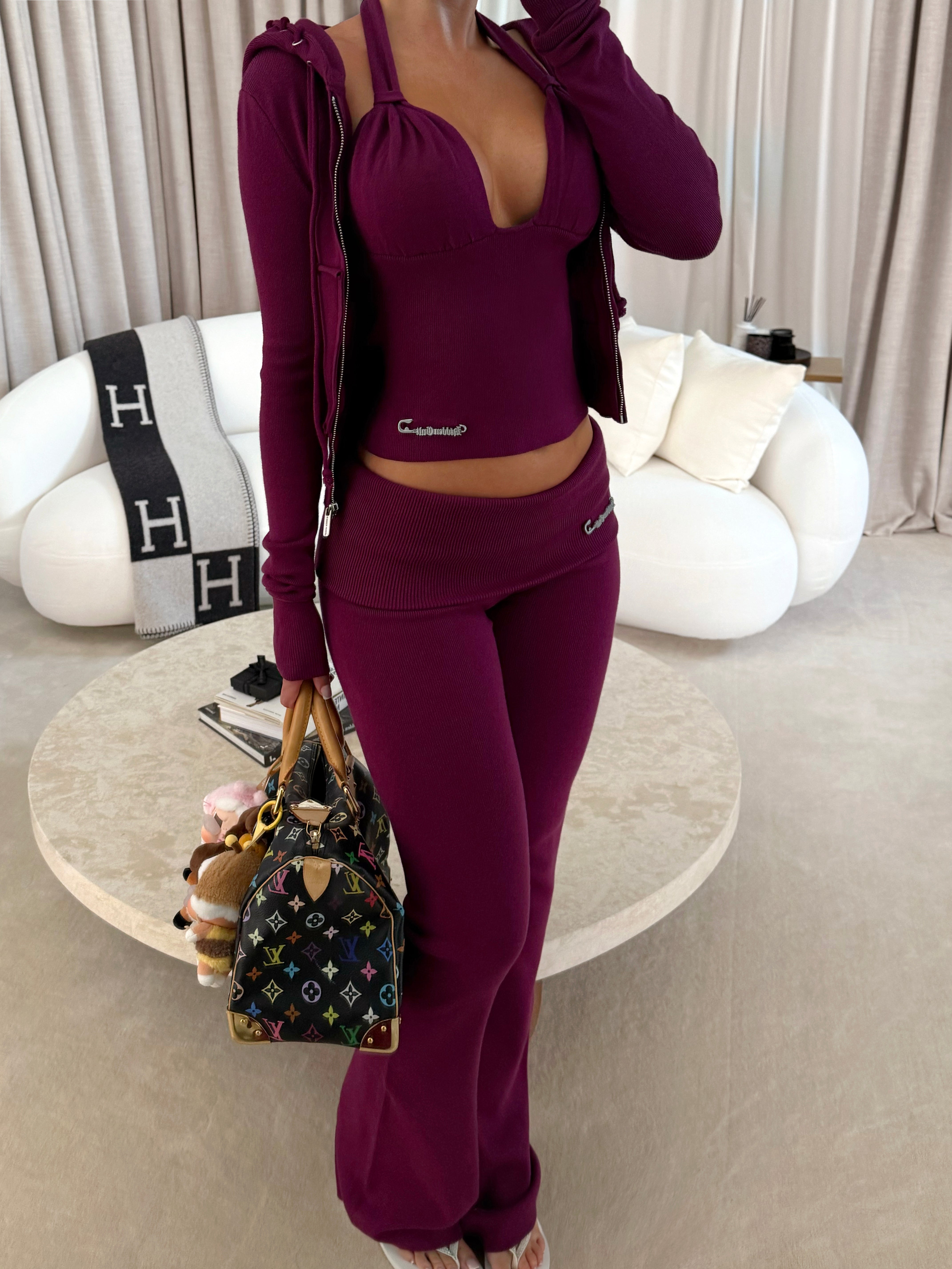 HIDDEN CULT Plum Soft Knit Foldover Pants Purple Violet Fall Sweatsuit Women's TikTok Tall Pants