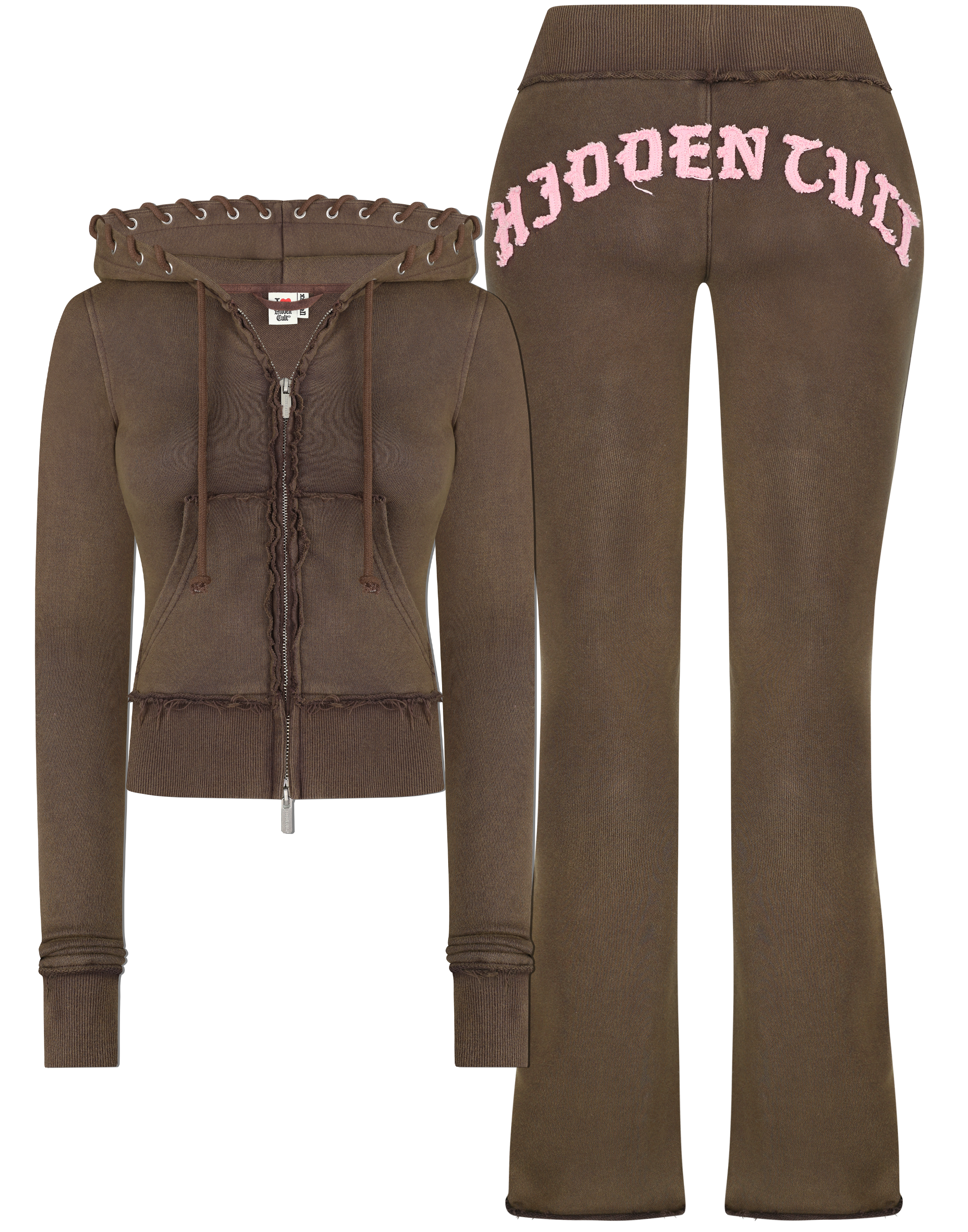 HIDDEN CULT Ubra Vintage Brown Set Tall Friendly Pants Low Rise y2k Pants Zip HoodieSlim Form fitted