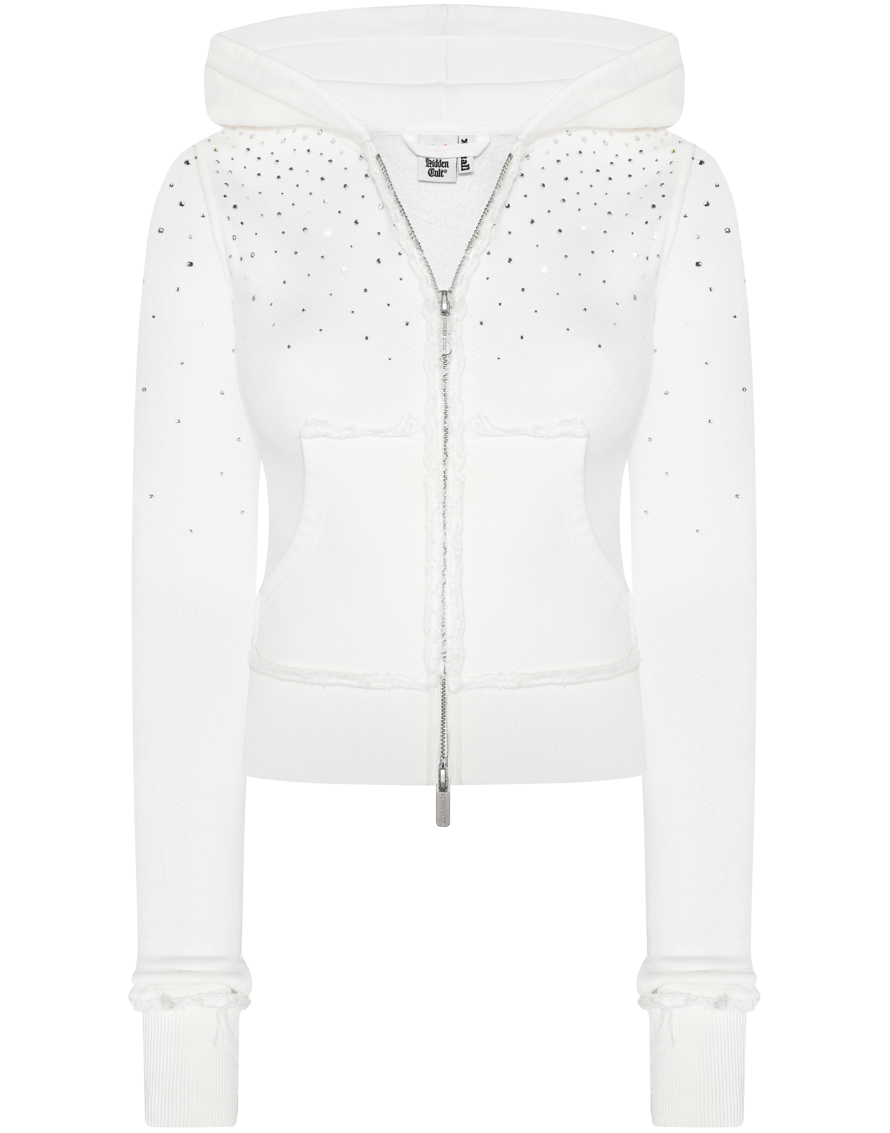 HIDDEN CULT Rhinestone White Fitted Zip Hoodie Crystal Glitter y2k Distressed Womens Slim TikTok
