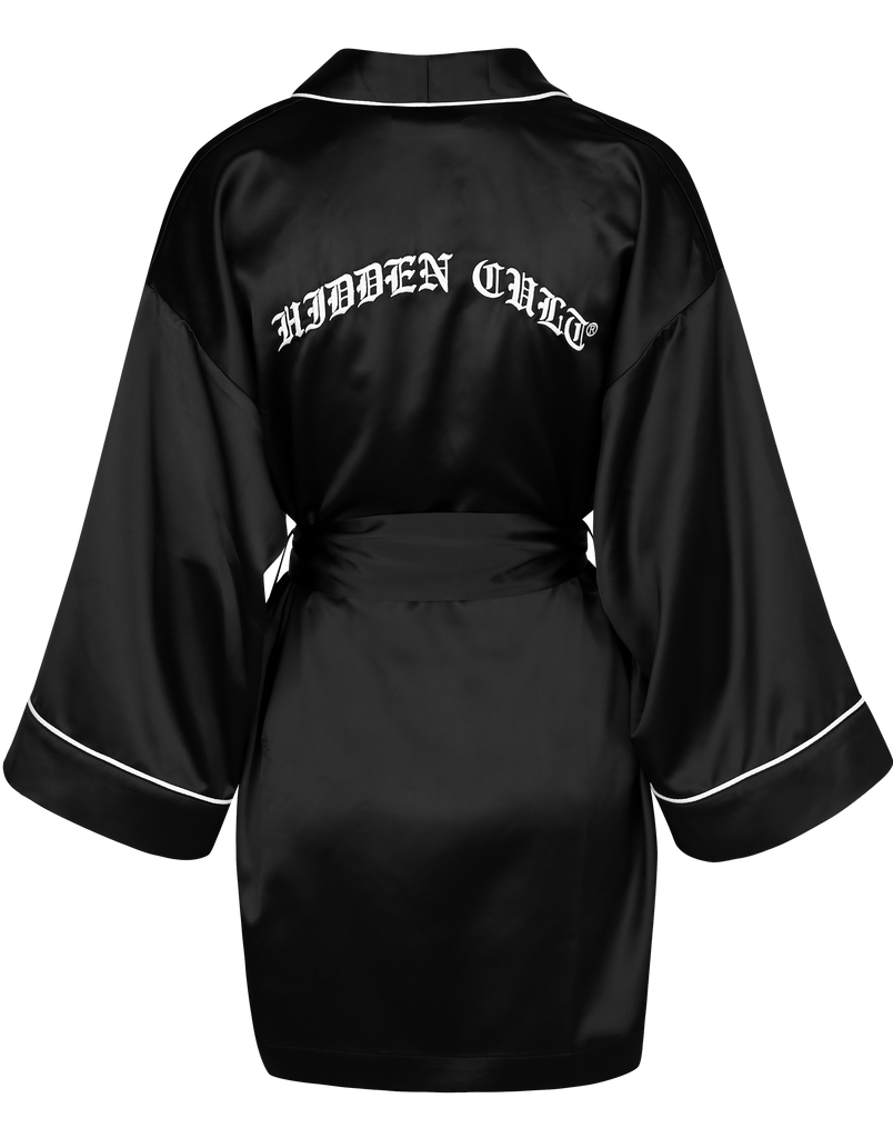 HIDDEN CULT Embroidered Black Dressing Gown Kimono Robe Faux Vegan Silk Robe Shiny Black
