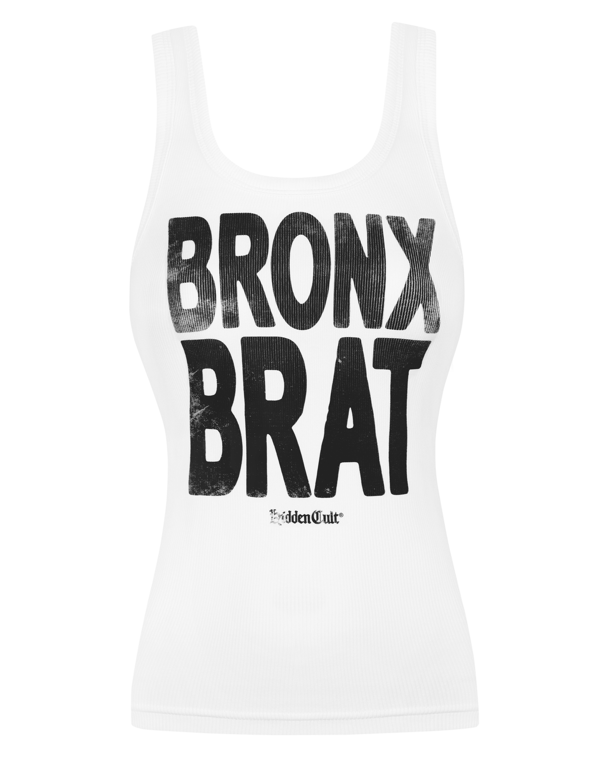 HIDDEN CULT Bronx Brat White Tank Top Ribbed Women's Tank Distressed Print Bodycon y2k TikTok