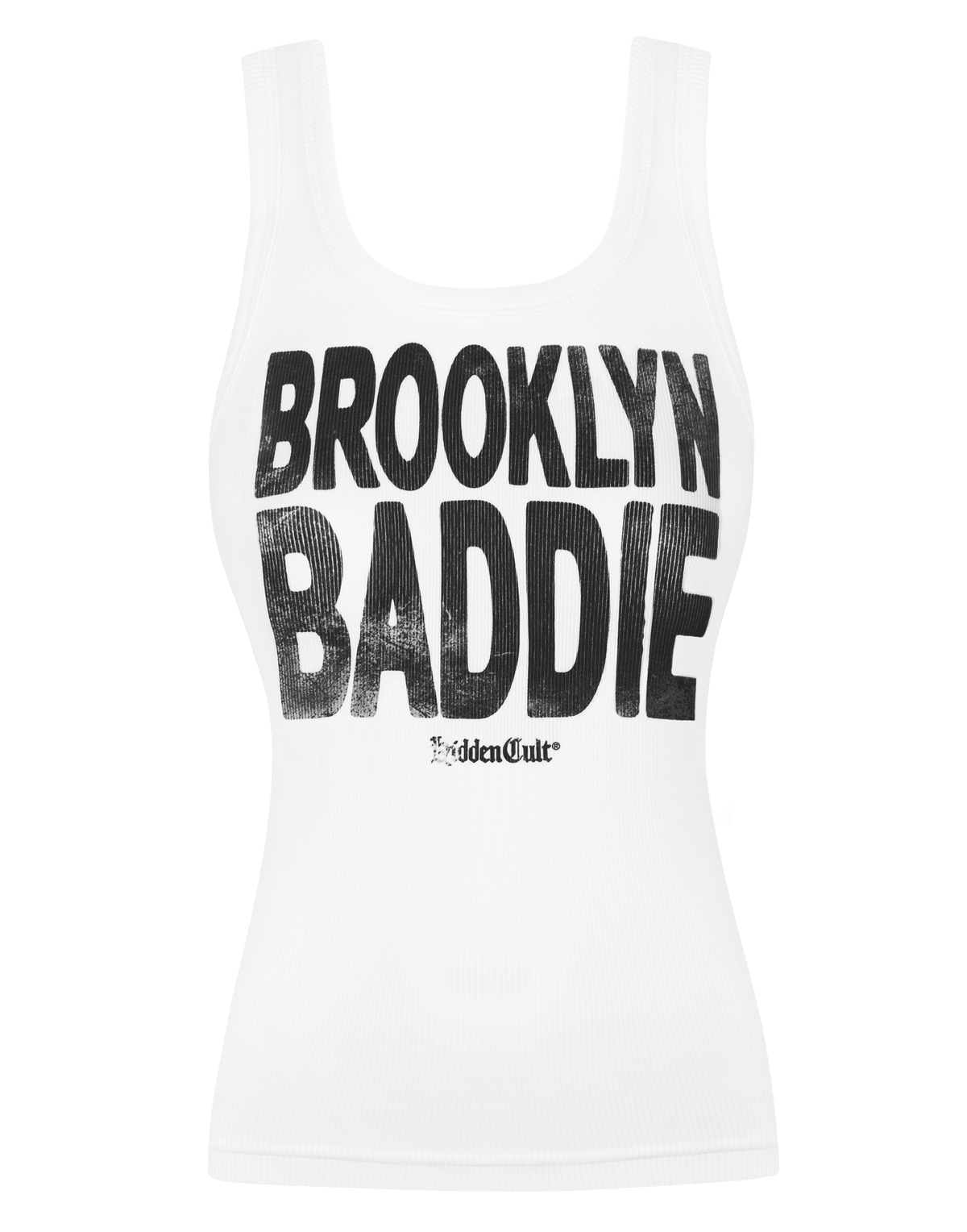 HIDDEN CULT Brooklyn Baddie White Tank Top Ribbed Tank Women's Stretch Bodycon Athleisure y2k TikTok
