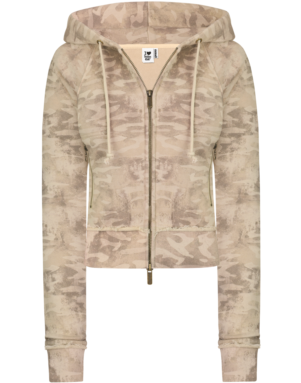 HIDDEN CULT Desert Camo Zip Hoodie Beige Camouflage Hoodie Distressed Womens Slim fit fitted TikTok