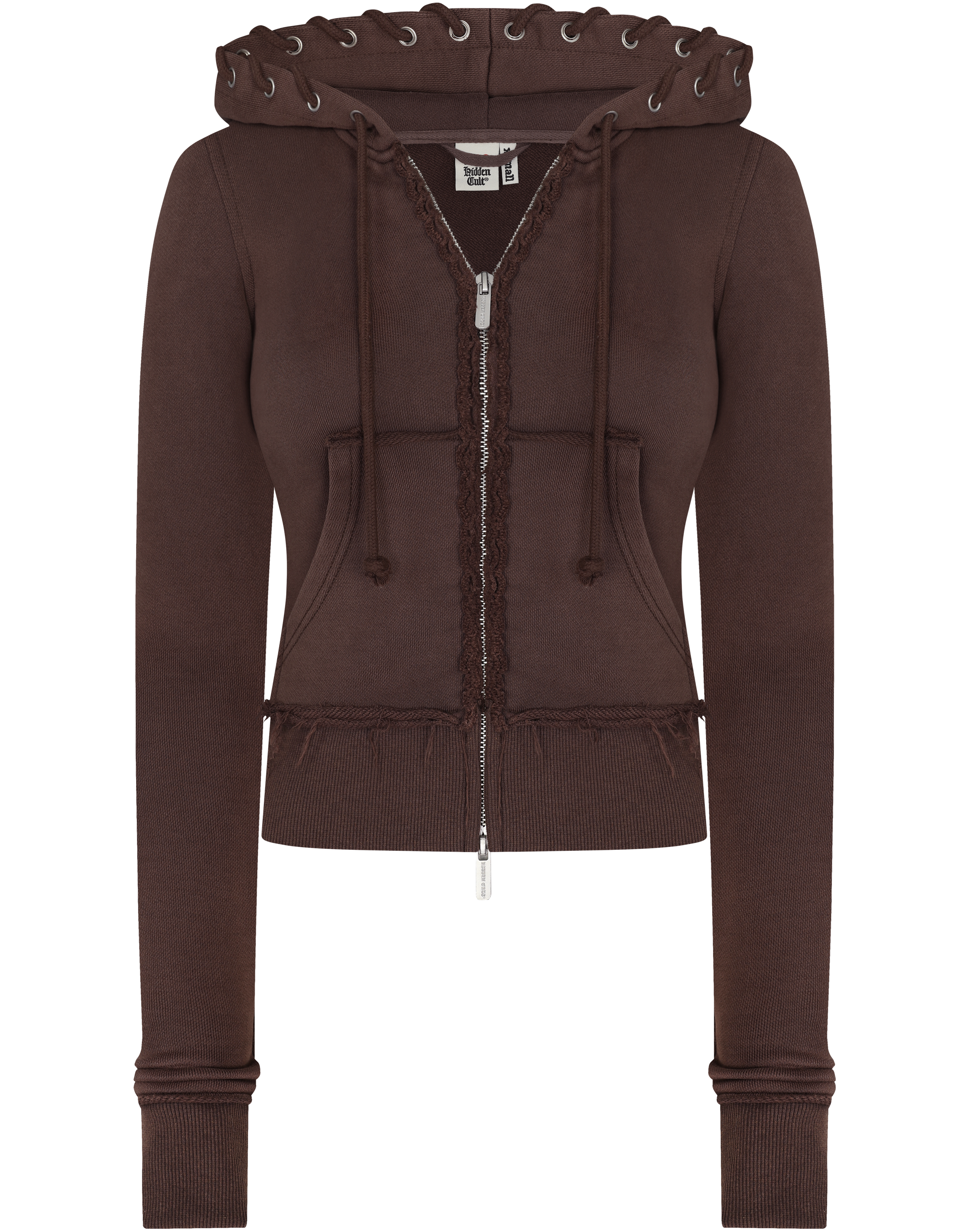 HIDDEN CULT Inca Brown Vintage Wash Zip Hoodie Distressed Womens Slim fit Form fitted Sweater TikTok