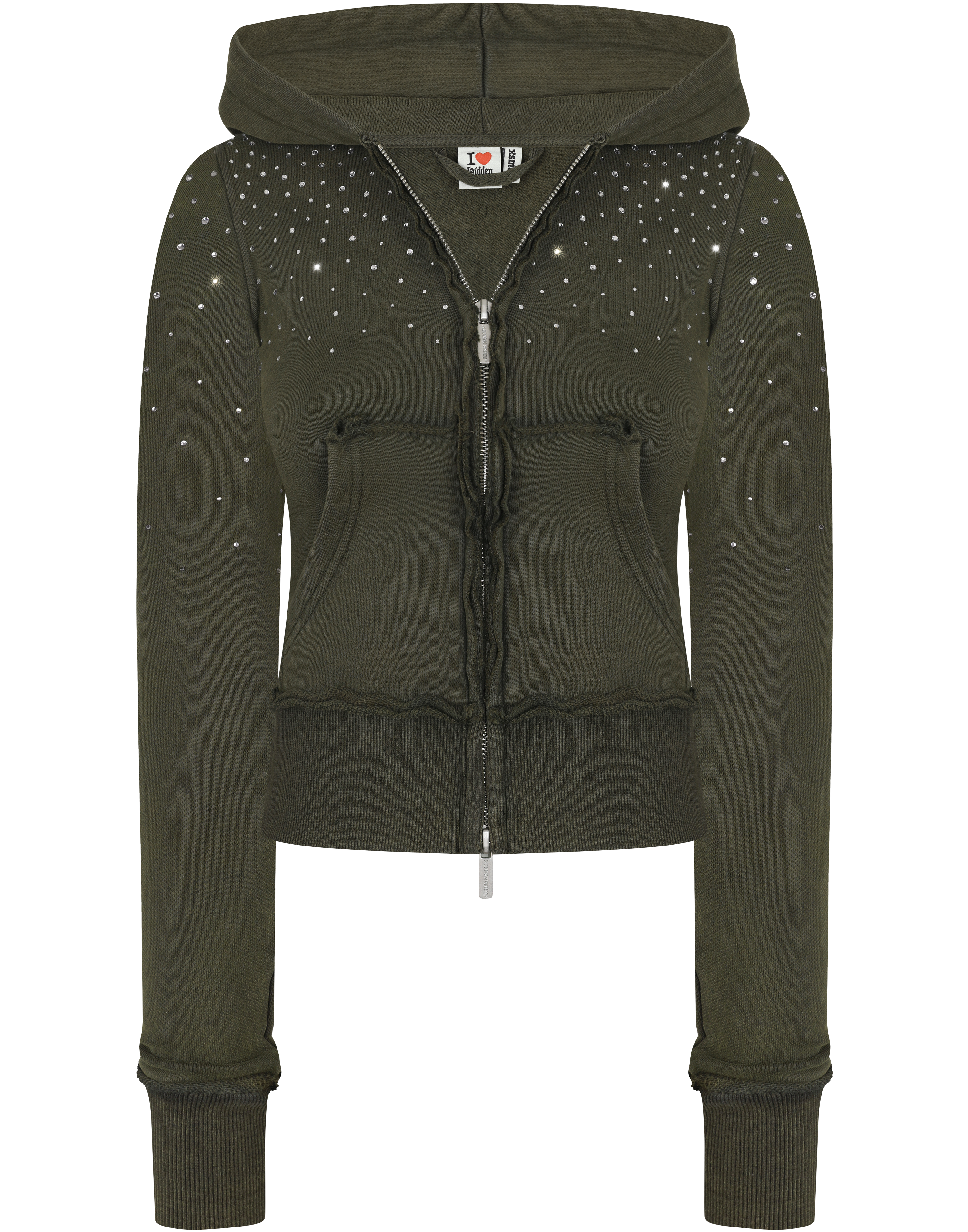 HIDDEN CULT Rhinestone Moss Green Zip Hoodie Crystal Glitter y2k Form fitted TikTok Streetwear