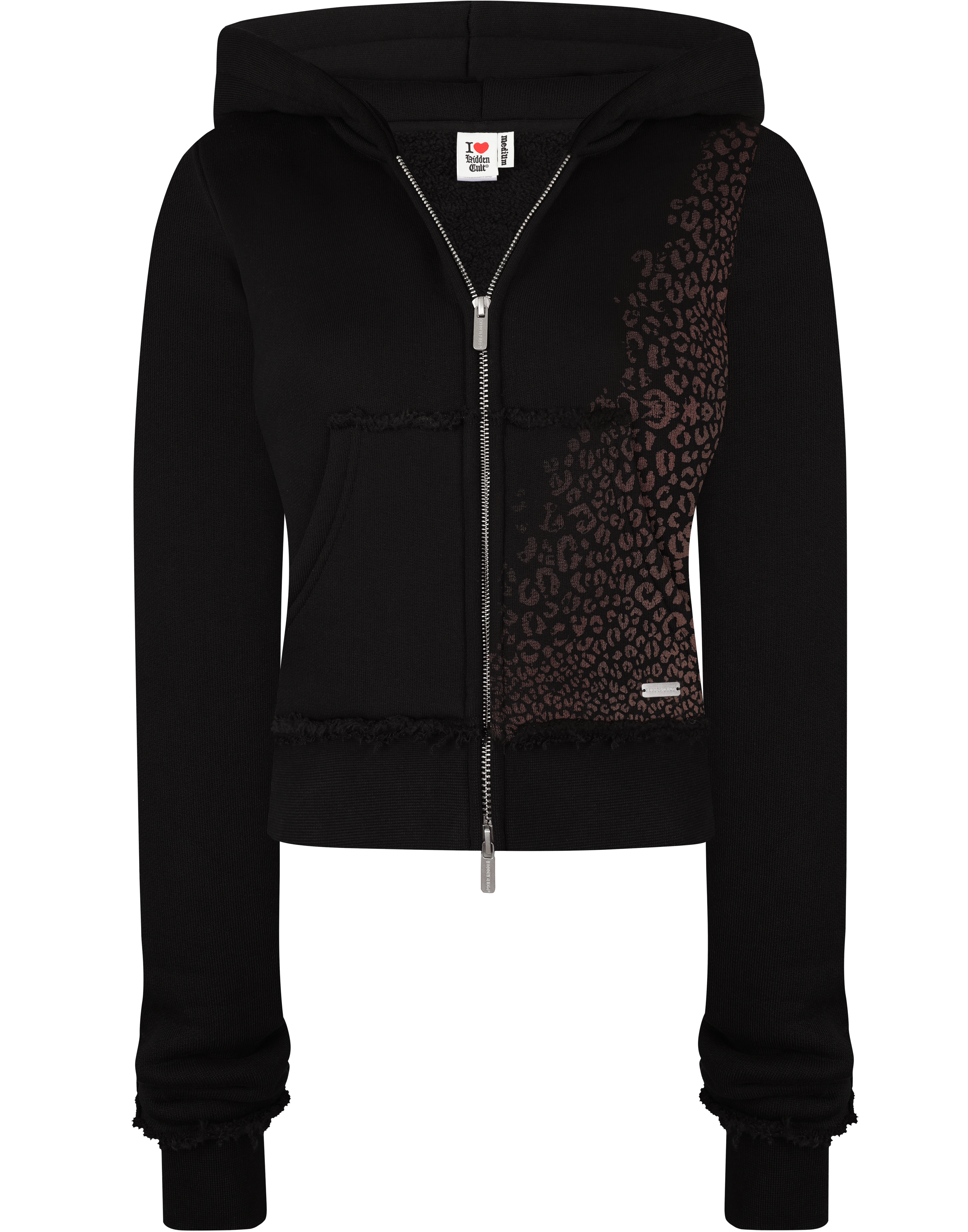 HIDDEN CULT Brown Cheetah Black Plush Zip Hoodie Distressed Womens Slim fit Form fitted TikTok