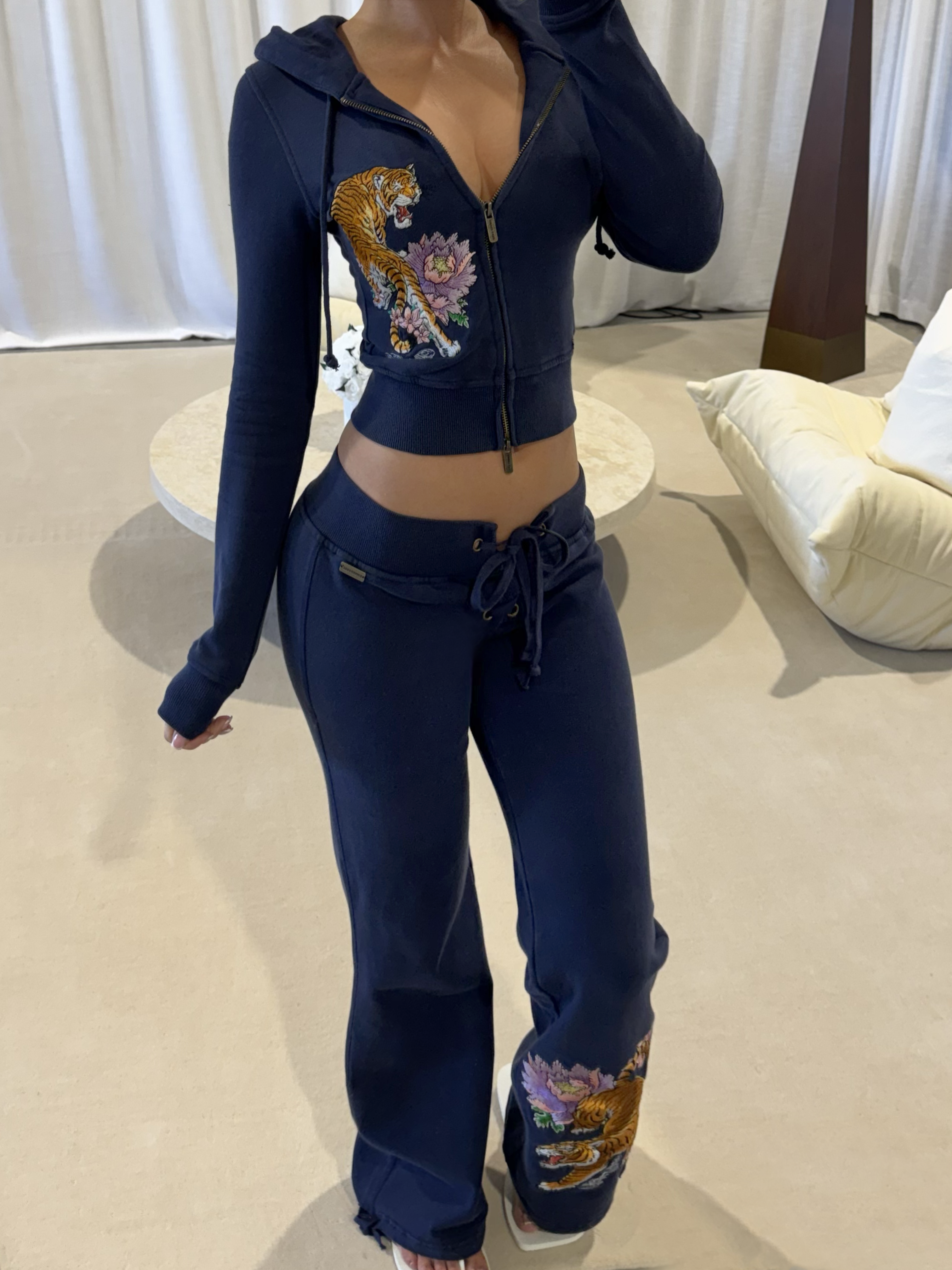 SIGN UP - Navy Tiger Embroidered Lace Front Pants