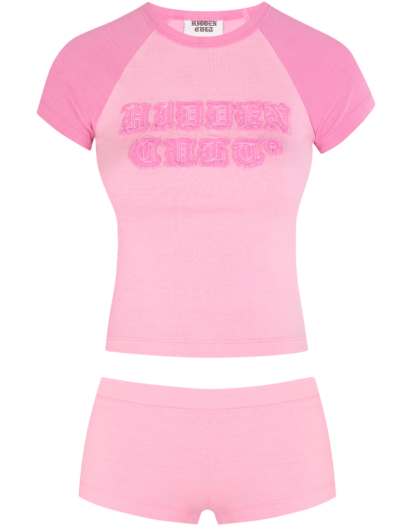 HIDDEN CULT Pink Distressed Logo Set Pink volleyball Booty Beach Summer Micro Low Waist y2k Women's