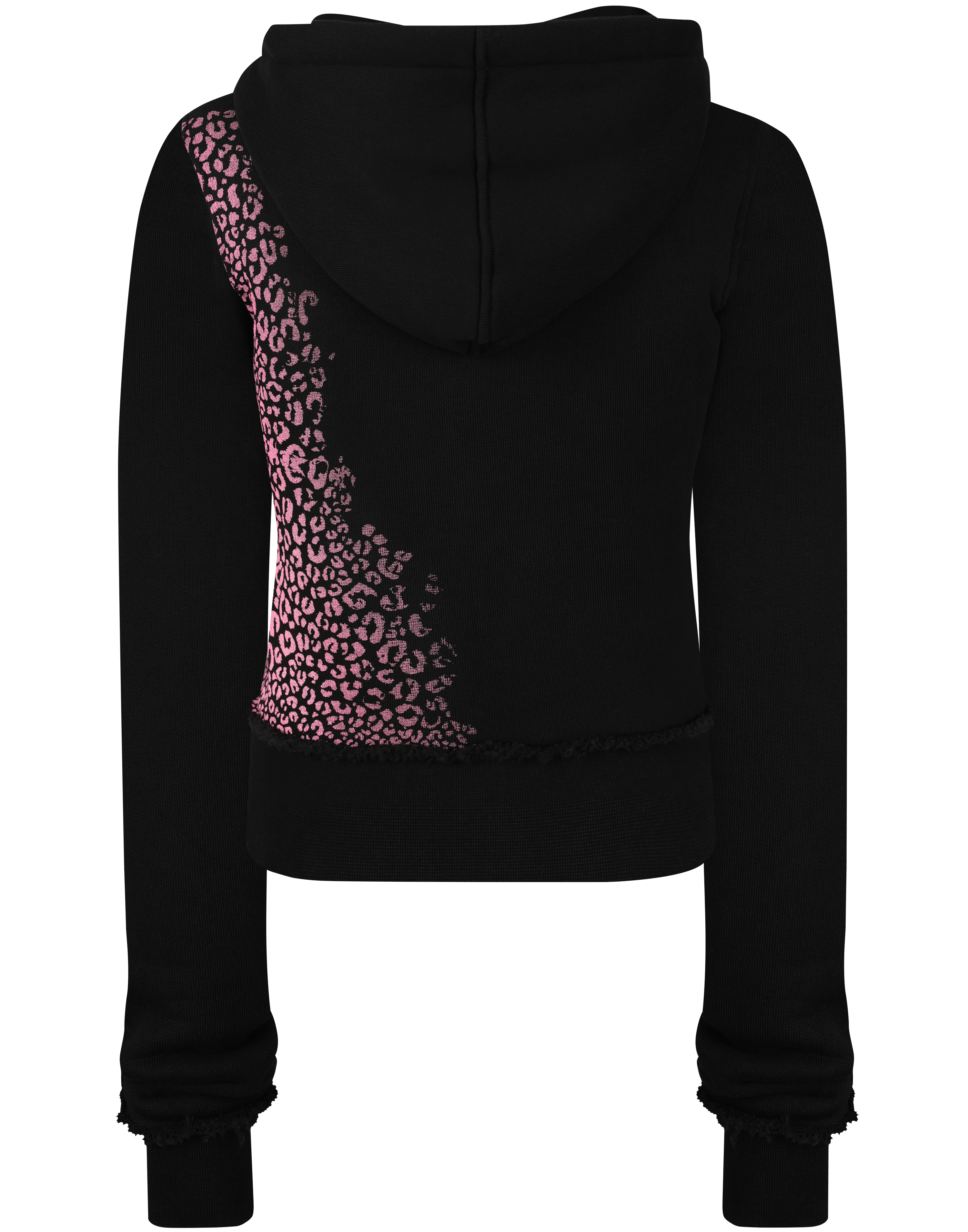 HIDDEN CULT Pink Cheetah Black Plush Zip Hoodie Worn Distressed Form fitted Sweater TikTok