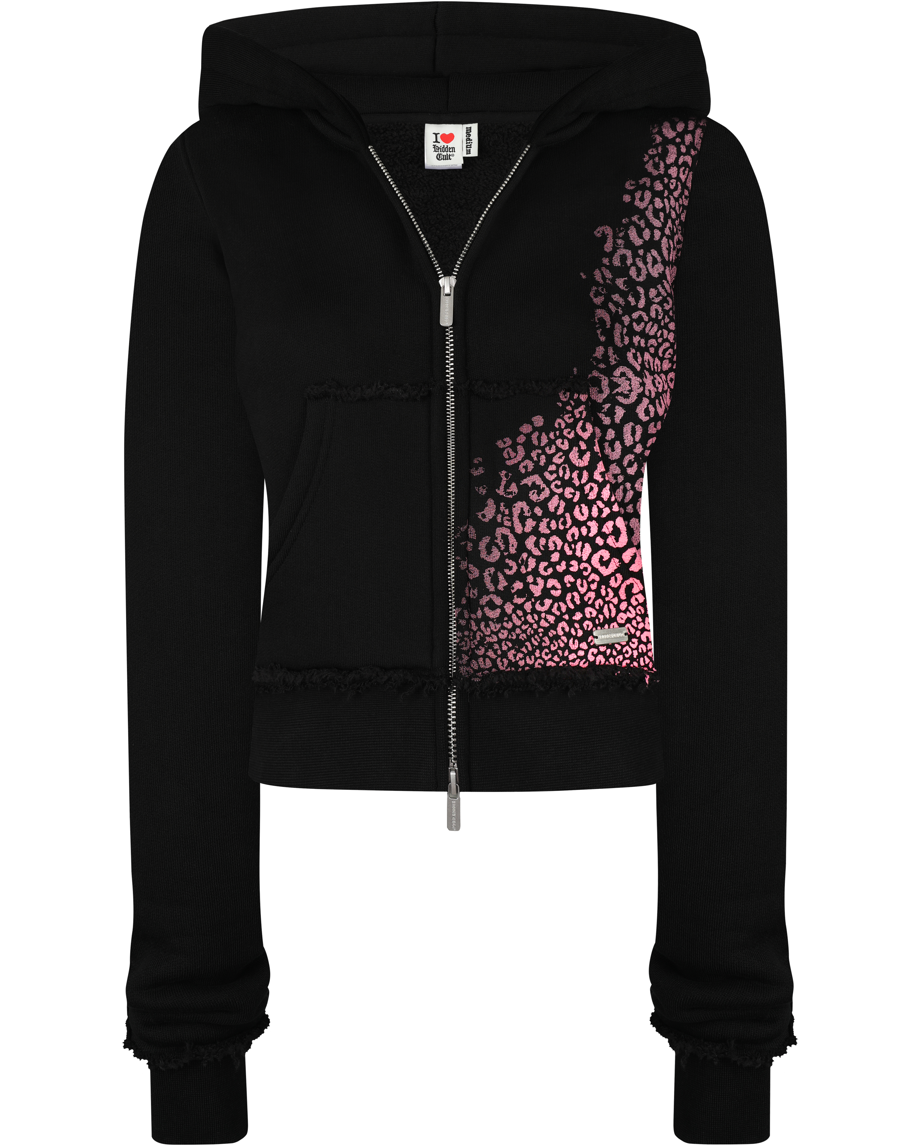 HIDDEN CULT Pink Cheetah Black Plush Zip Hoodie Worn Distressed Form fitted Sweater TikTok