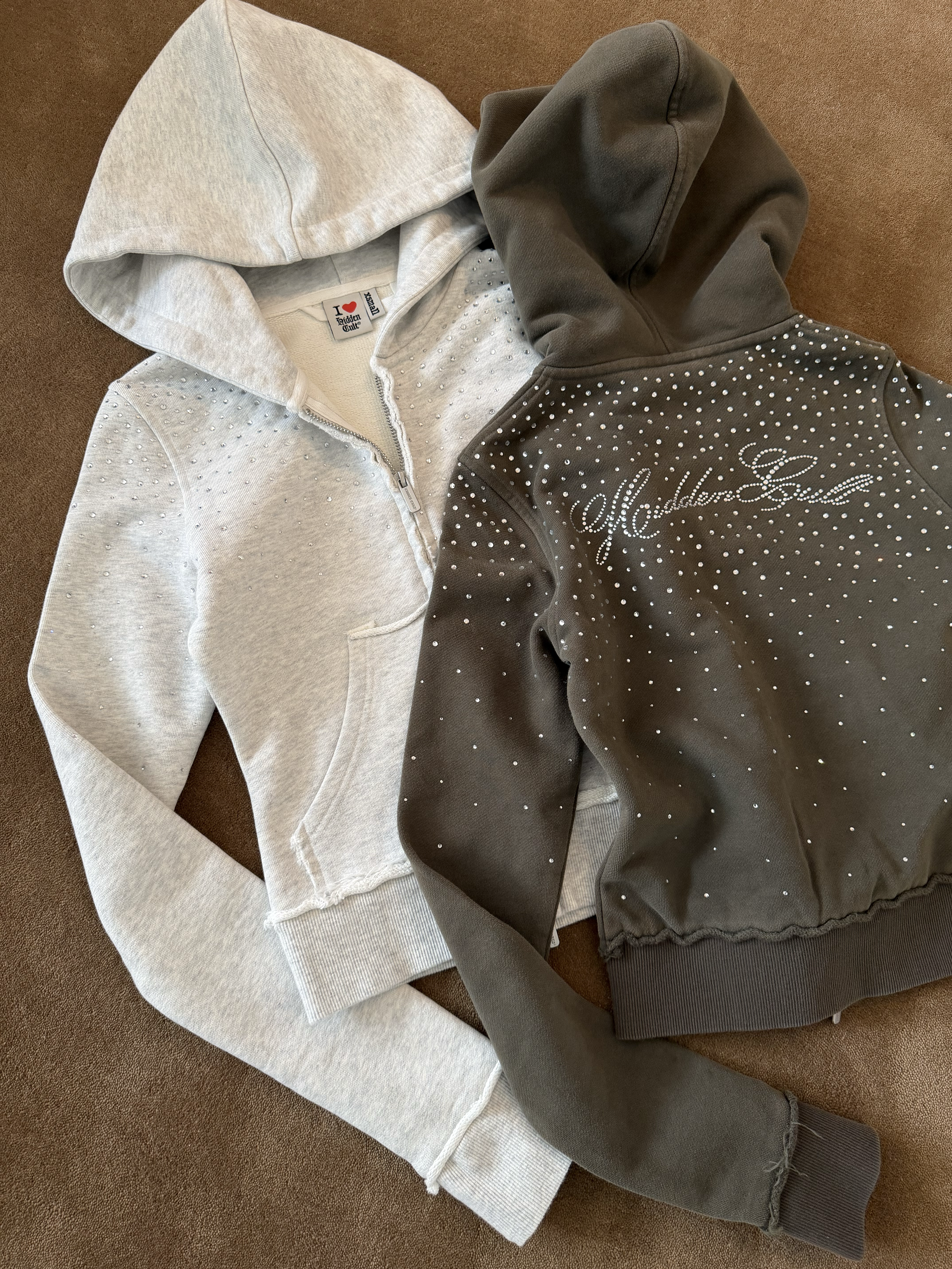 HIDDEN CULT Rhinestone Arctic Grey Zip Hoodie Gray Crystal Glitter y2k Crystal Form Fitted TikTok