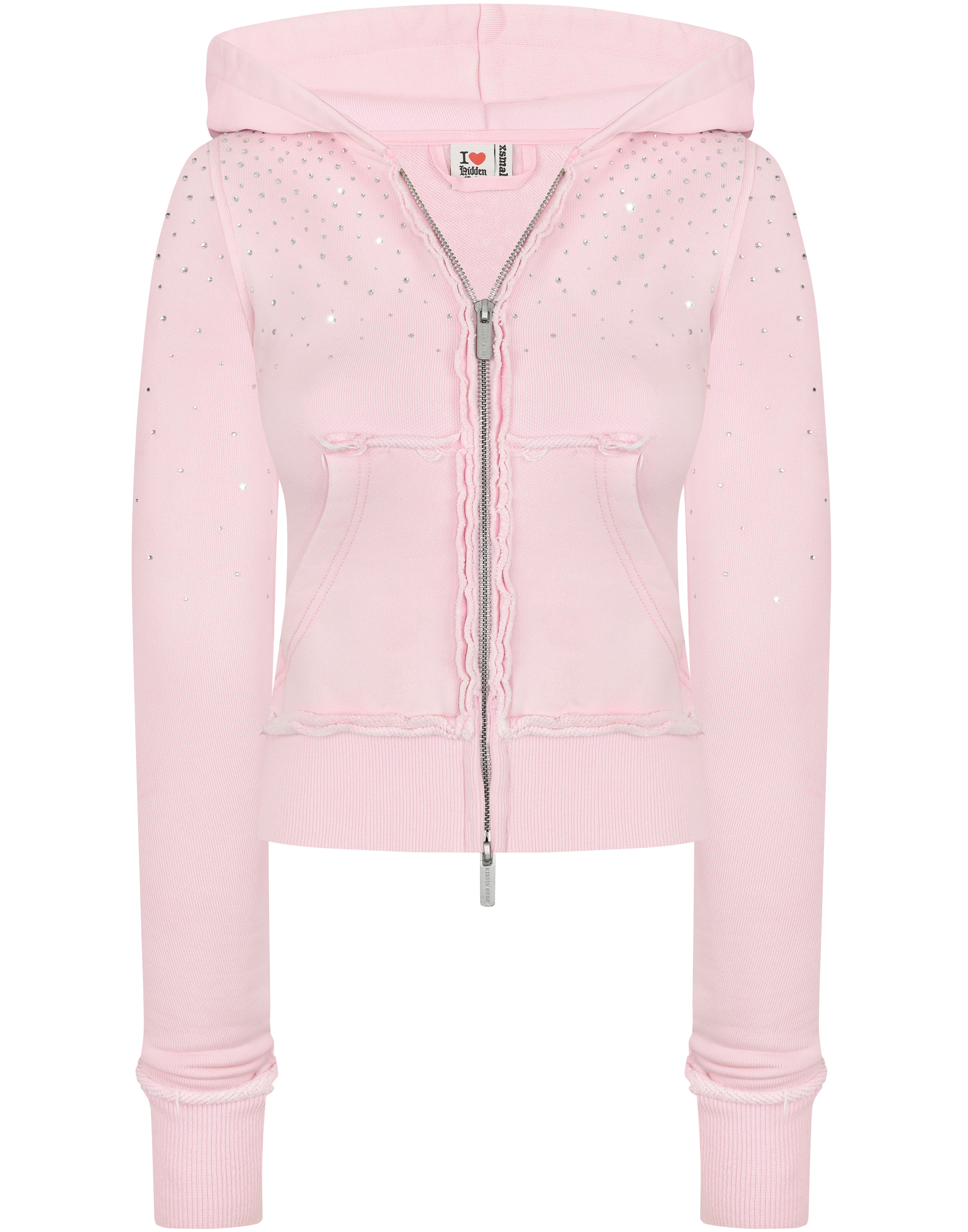 HIDDEN CULT Rhinestone Sweet Pink Zip Hoodie Baby Pink y2k Crystal Distressed Form fitted TikTok