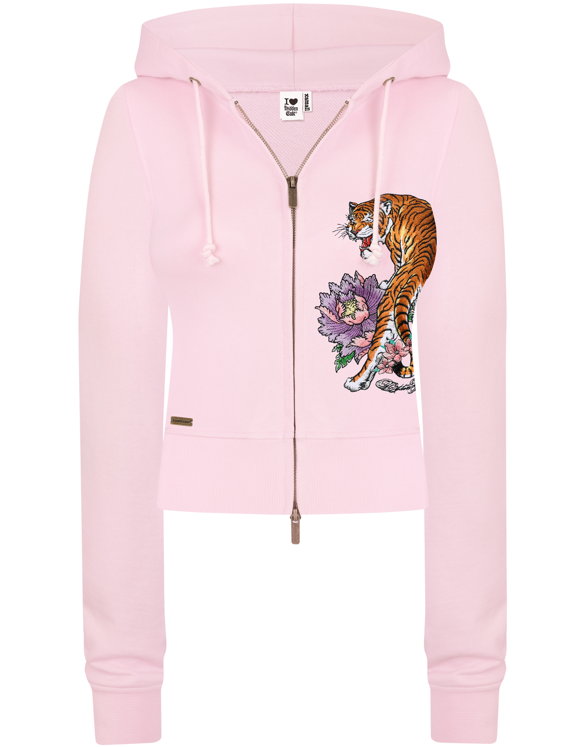 HIDDEN CULT® Soft Pink Tiger Embroidered Zip Hoodie Light Pink Baby Pink Slim fit Form fitted TikTok