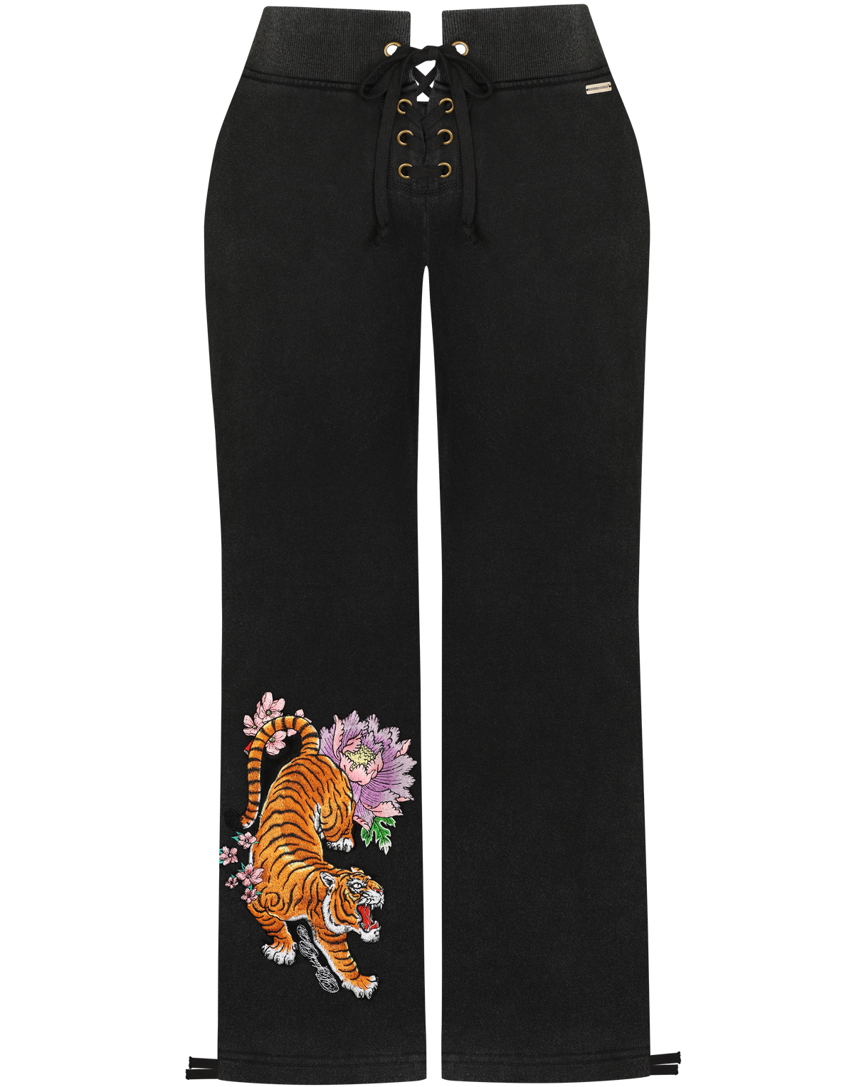 HIDDEN CULT® Washed Black Tiger Embroidered Lace Front Pants y2k Bootcut Tall Friendly TikTok