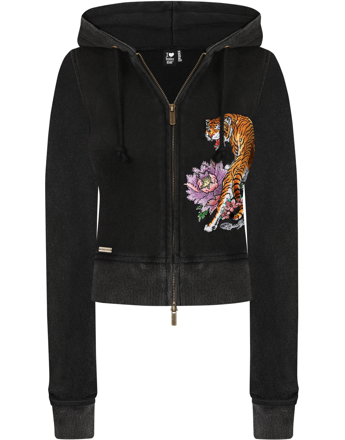 HIDDEN CULT® Washed Black Tiger Embroidered Zip Hoodie Womens Slim fit Form fitted Hoodie TikTok
